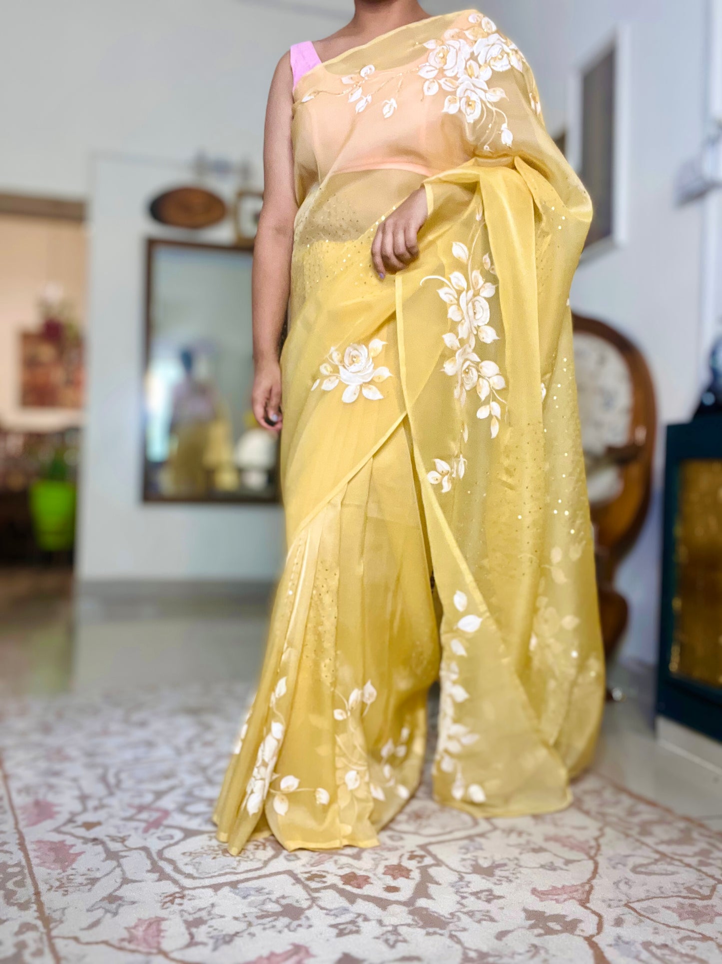 Hand-Painted White & Gold Rose Saree With Cut Dana & Sitara