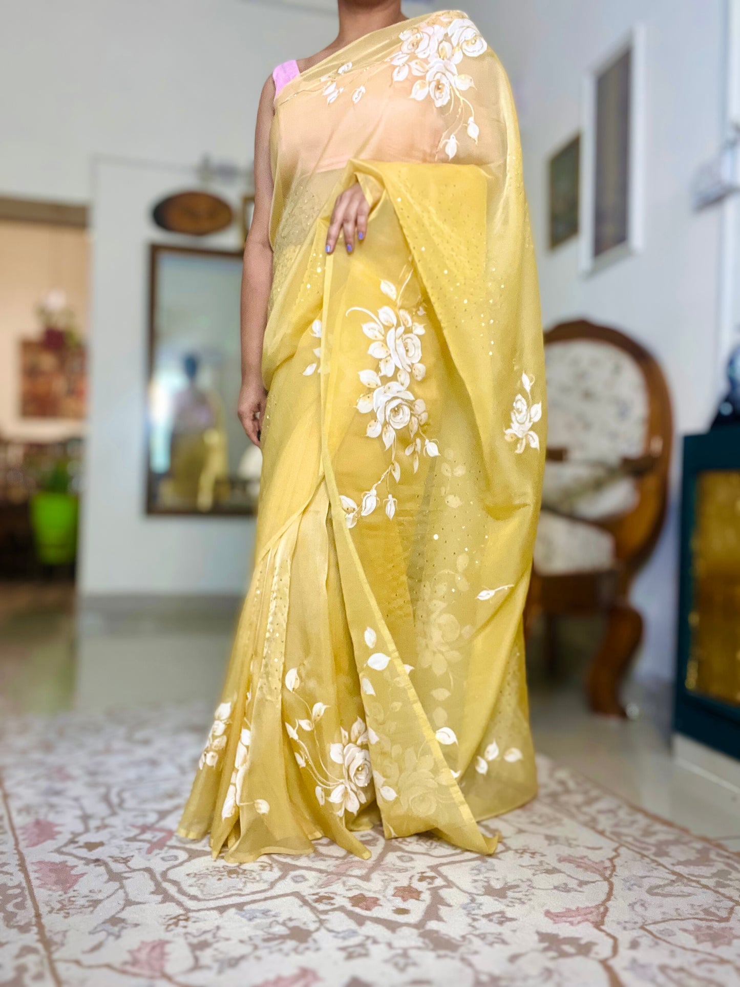 Hand-Painted White & Gold Rose Saree With Cut Dana & Sitara