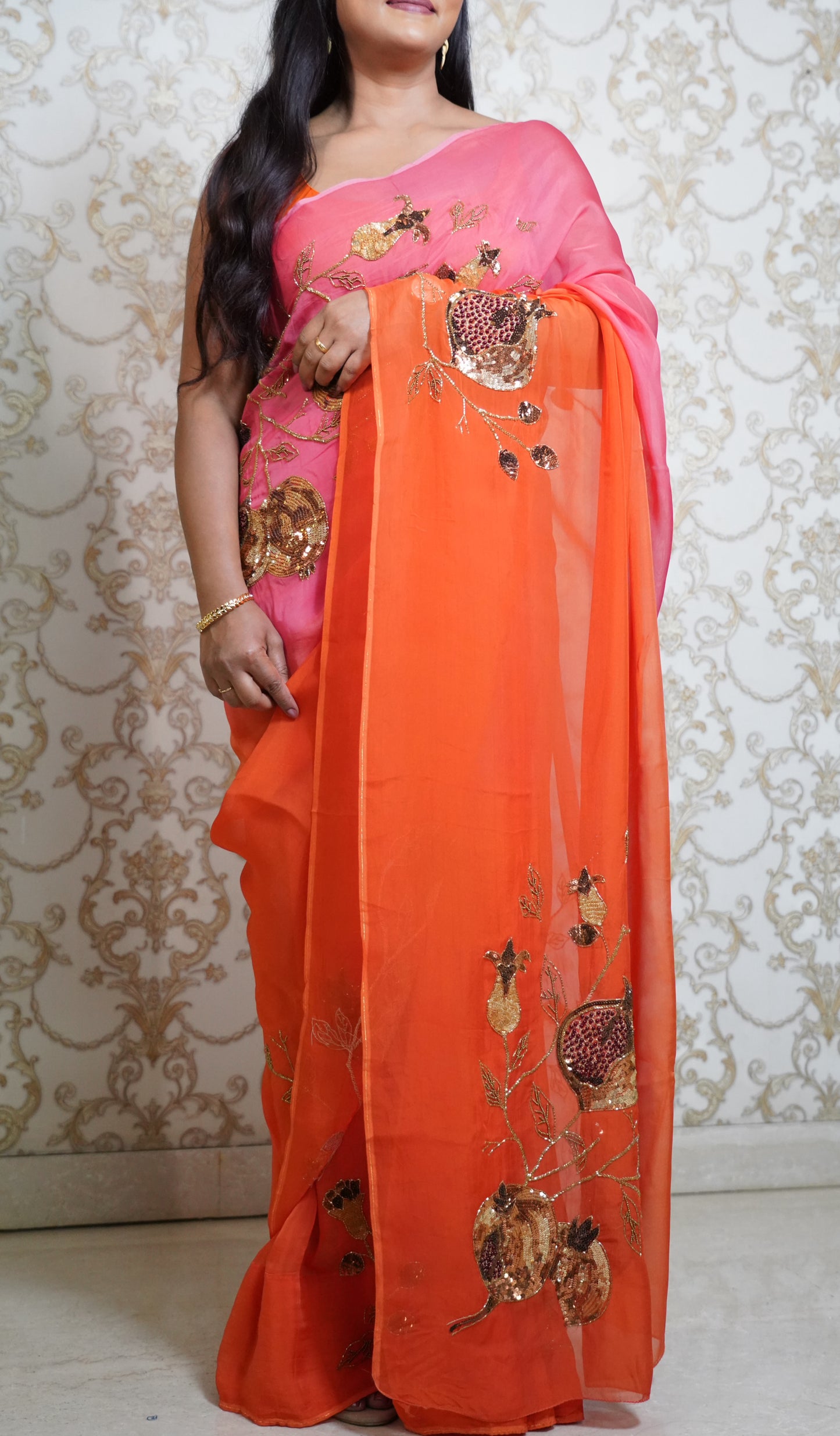 Signature Hand Embroidered Anaarbagh Pink and Orange Organza Silk Saree