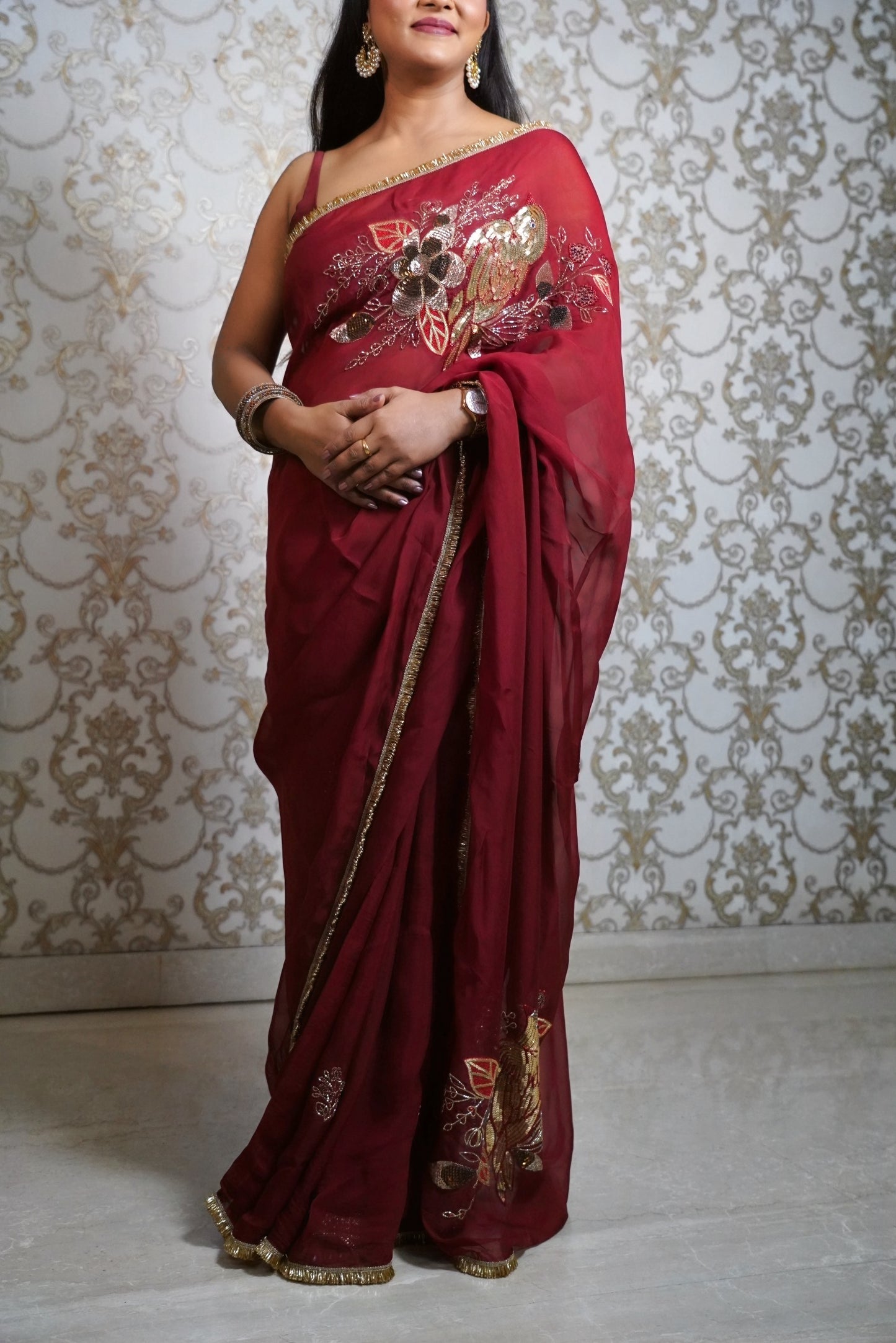 Signature Hand-Embroidered Birds & Blooms Saree in Maroon Organza Silk With Gota Border