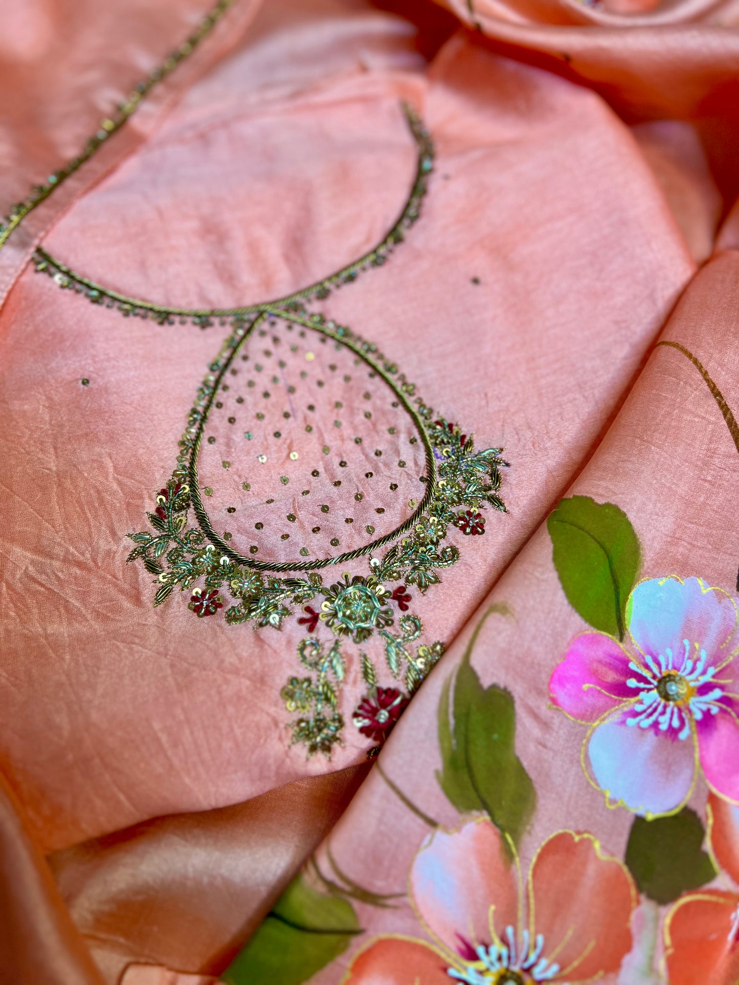 Peach Hand Embroidered Chanderi Suit With Hand-painted Dupatta
