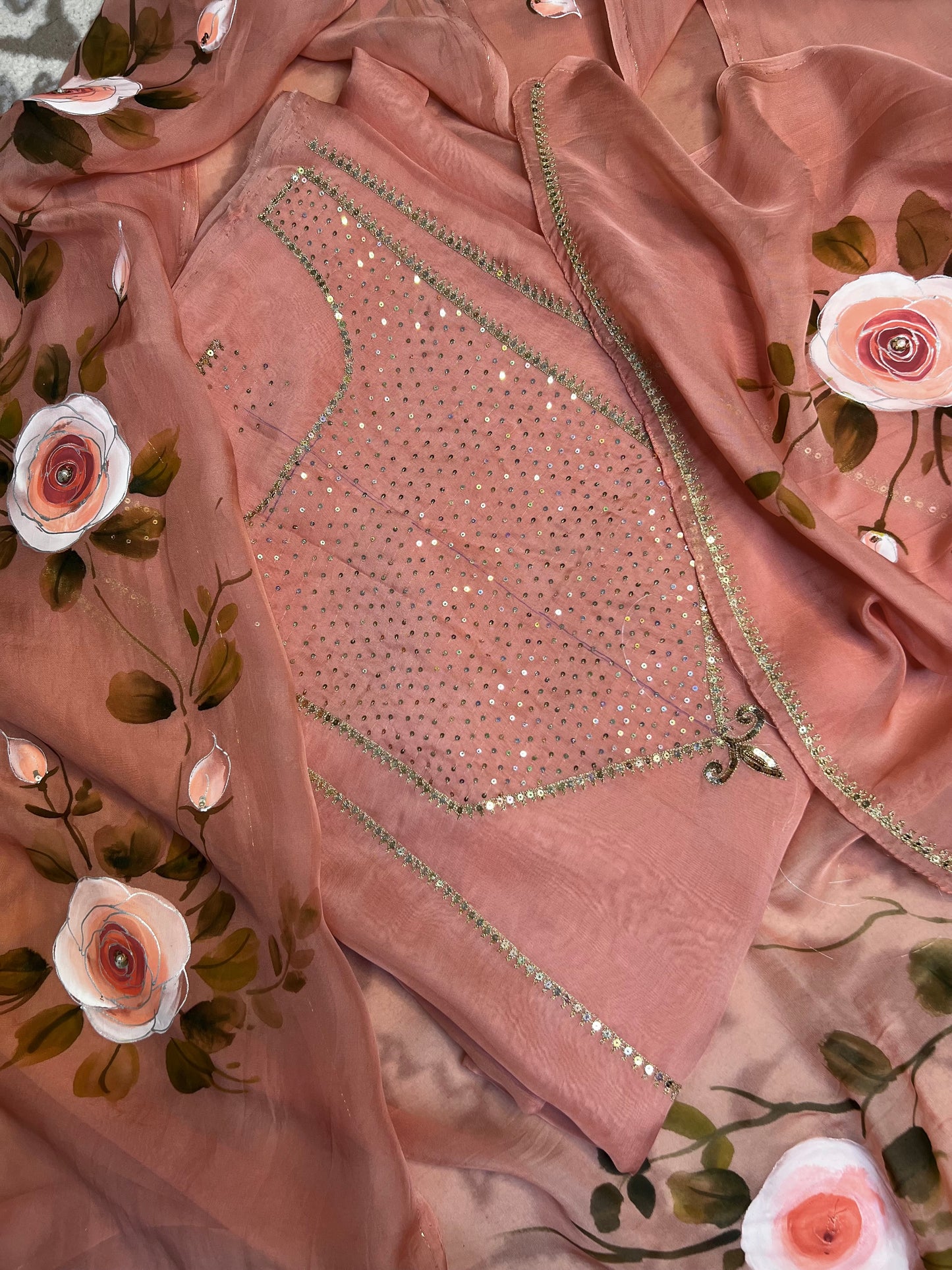 Rose Gold Hand Embroidered Organza Suit With Hand-painted Dupatta