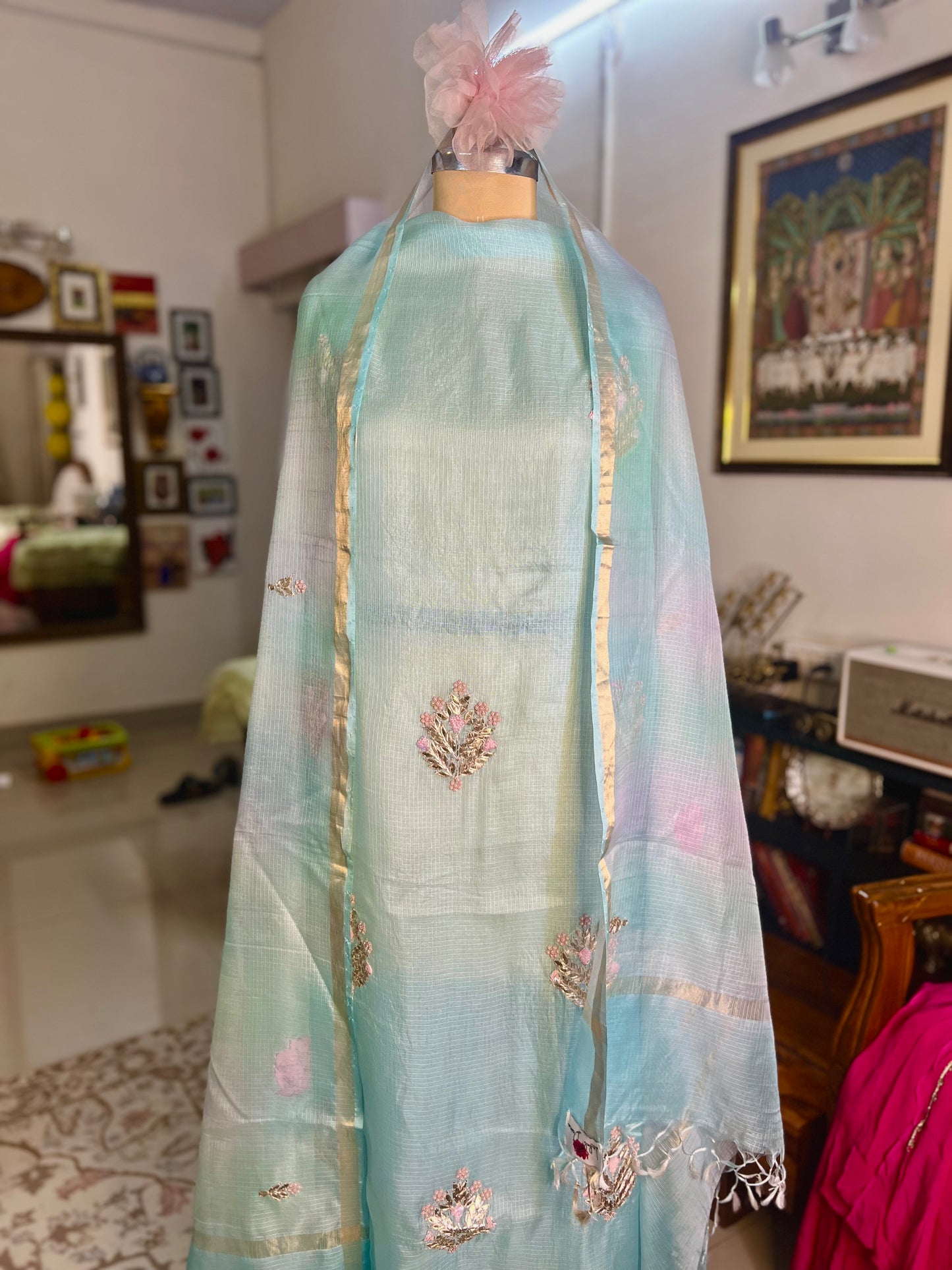 Turquoise Blue Hand embroidered Kota Silk Suit With Hand-painted Dupatta