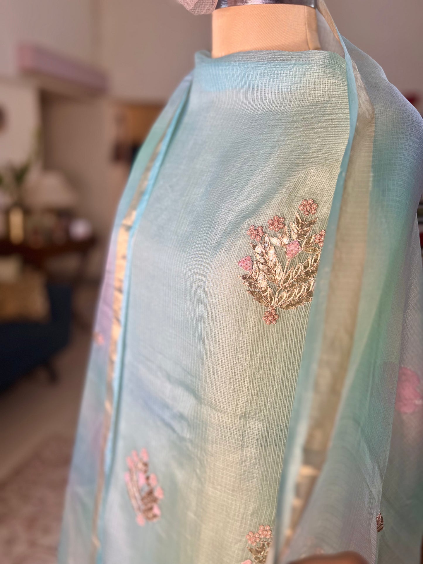 Turquoise Blue Hand embroidered Kota Silk Suit With Hand-painted Dupatta