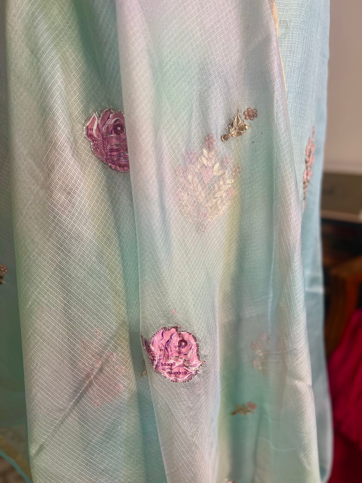 Turquoise Blue Hand embroidered Kota Silk Suit With Hand-painted Dupatta