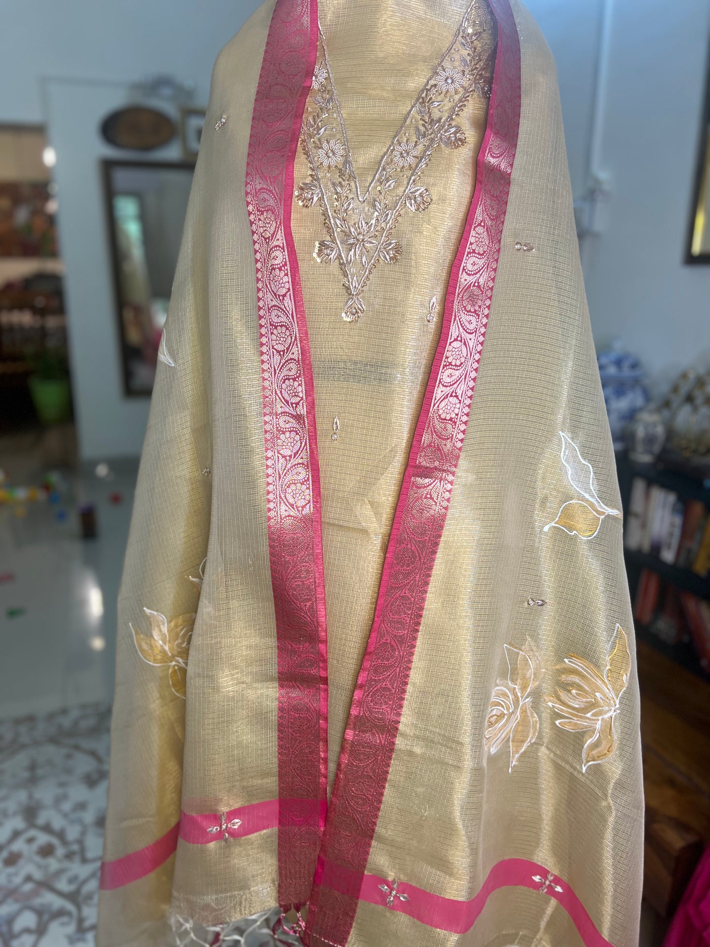 Gold Hand Embroidered Tissue Doria Kurta With Hand-painted Dupatta