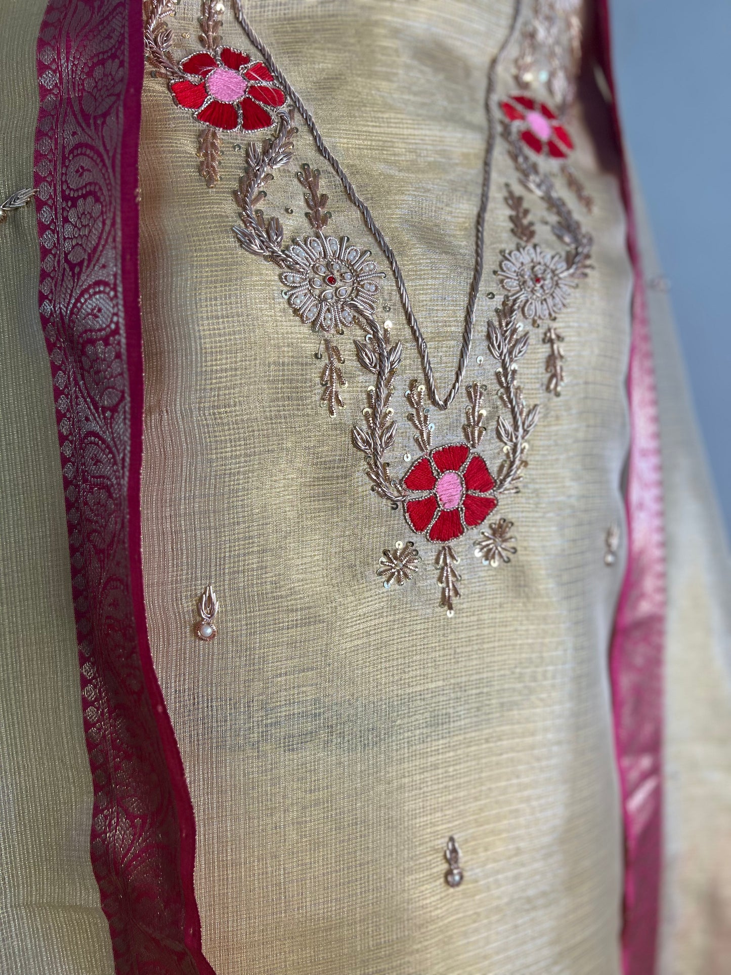 Gold Hand Embroidered Tissue Doria Kurta With Hand-painted Dupatta
