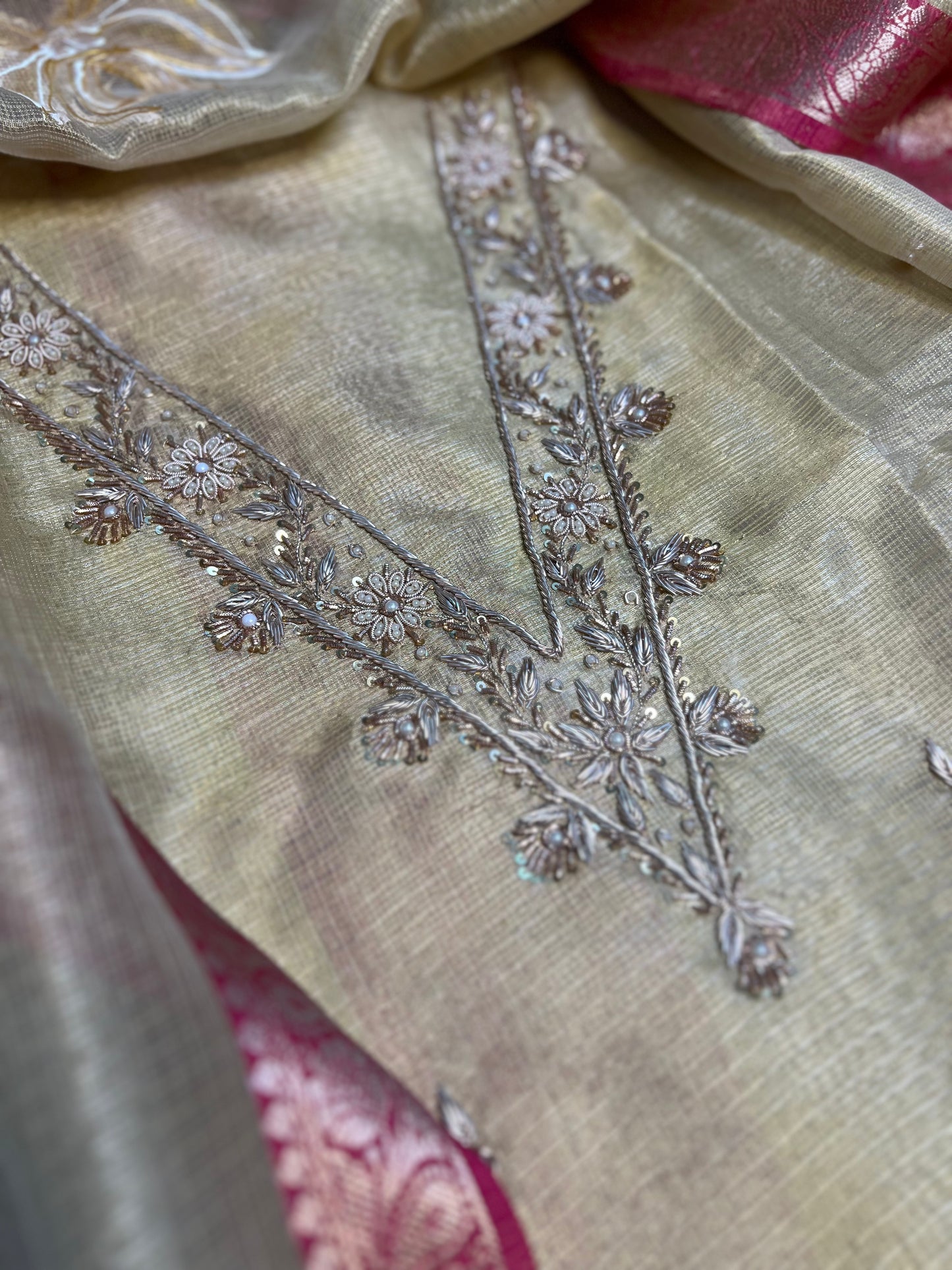 Gold Hand Embroidered Tissue Doria Kurta With Hand-painted Dupatta