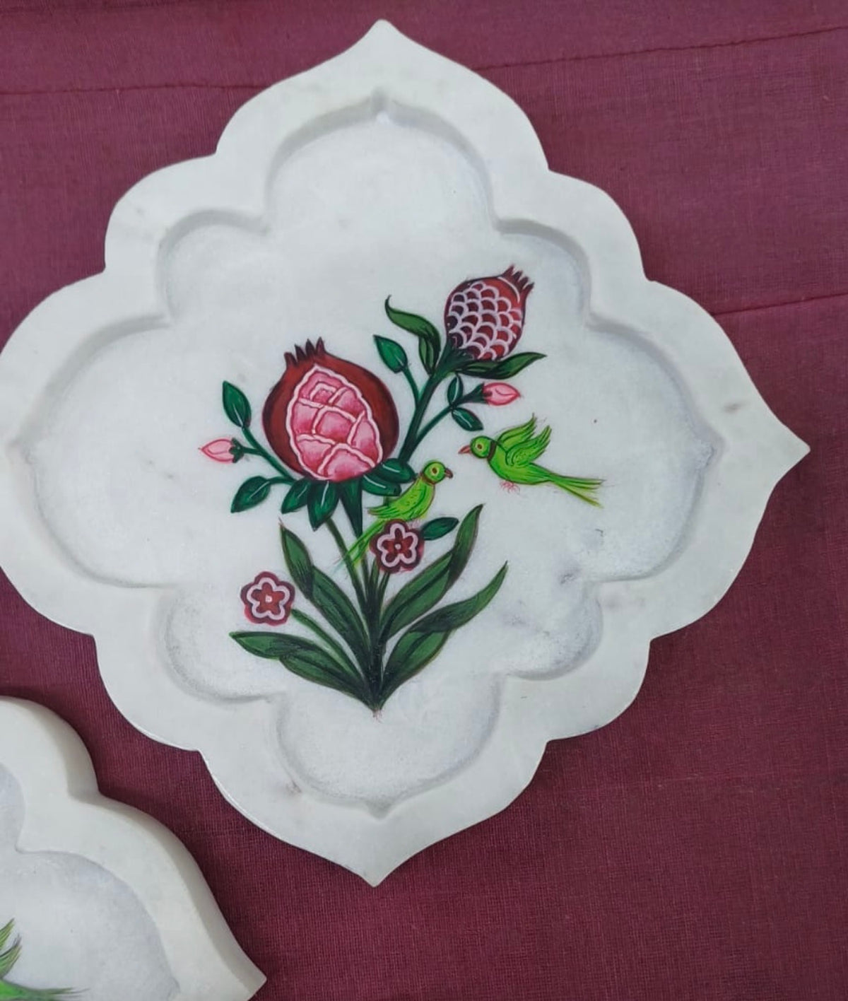 Handpainted Pichwai Art Marble Platter Anaar + Parrots