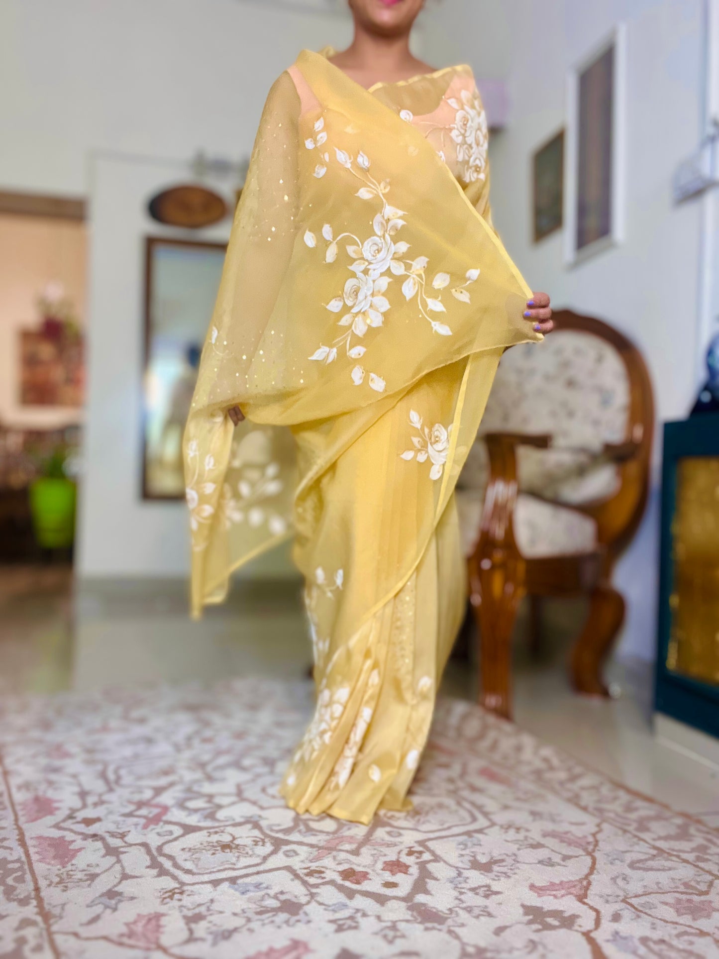 Hand-Painted White & Gold Rose Saree With Cut Dana & Sitara