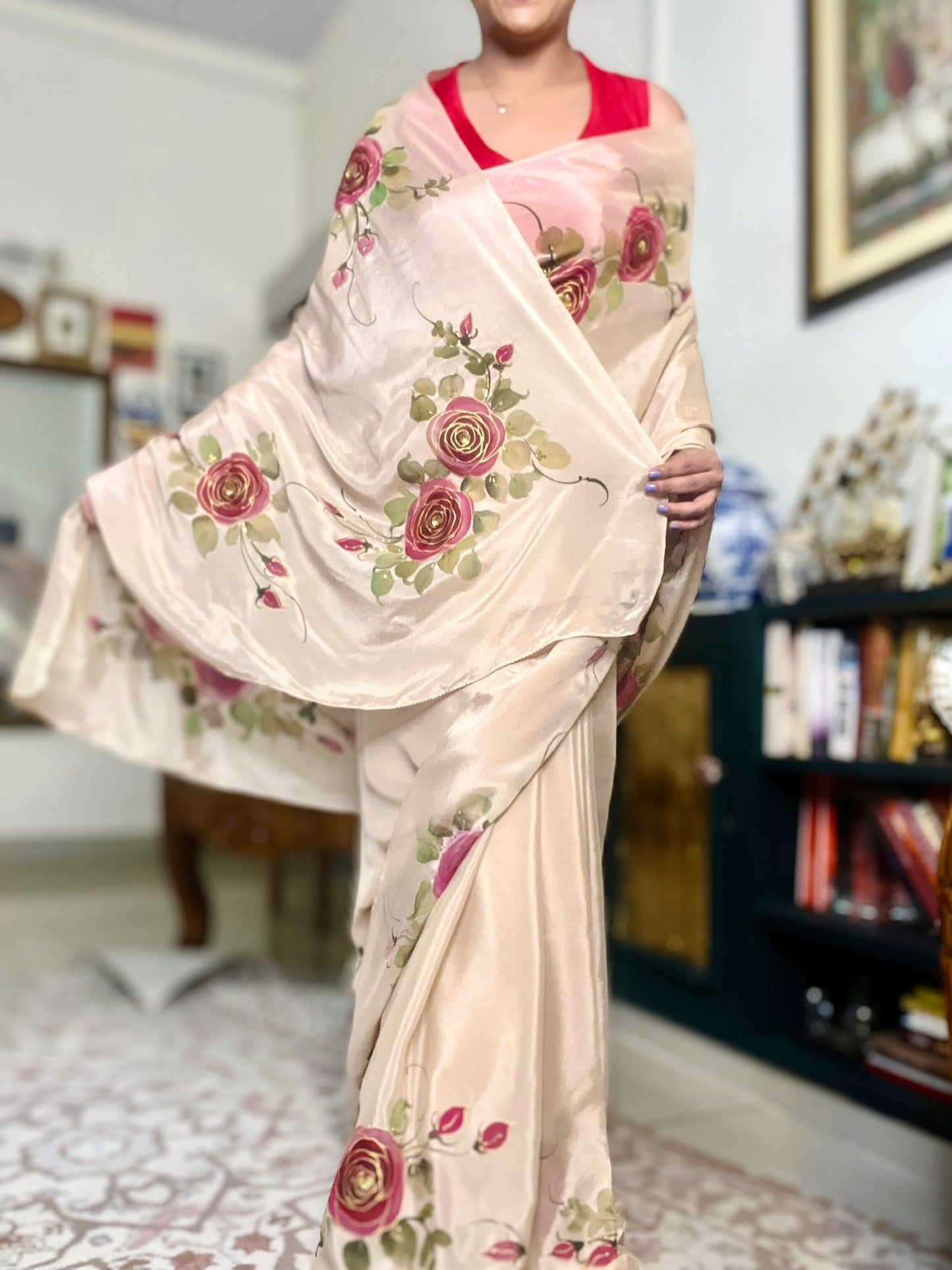 Rosé Fleur Hand-Painted Saree