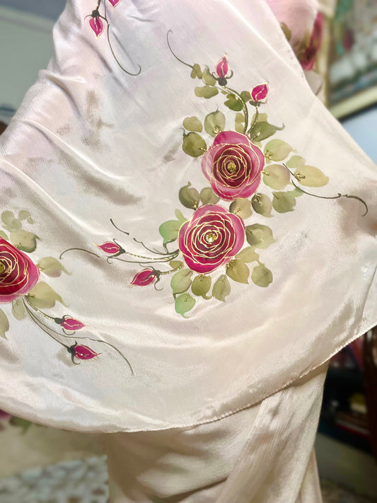 Hand-Painted Maroon-Pink Roses Saree With Cut Dana & Sitara