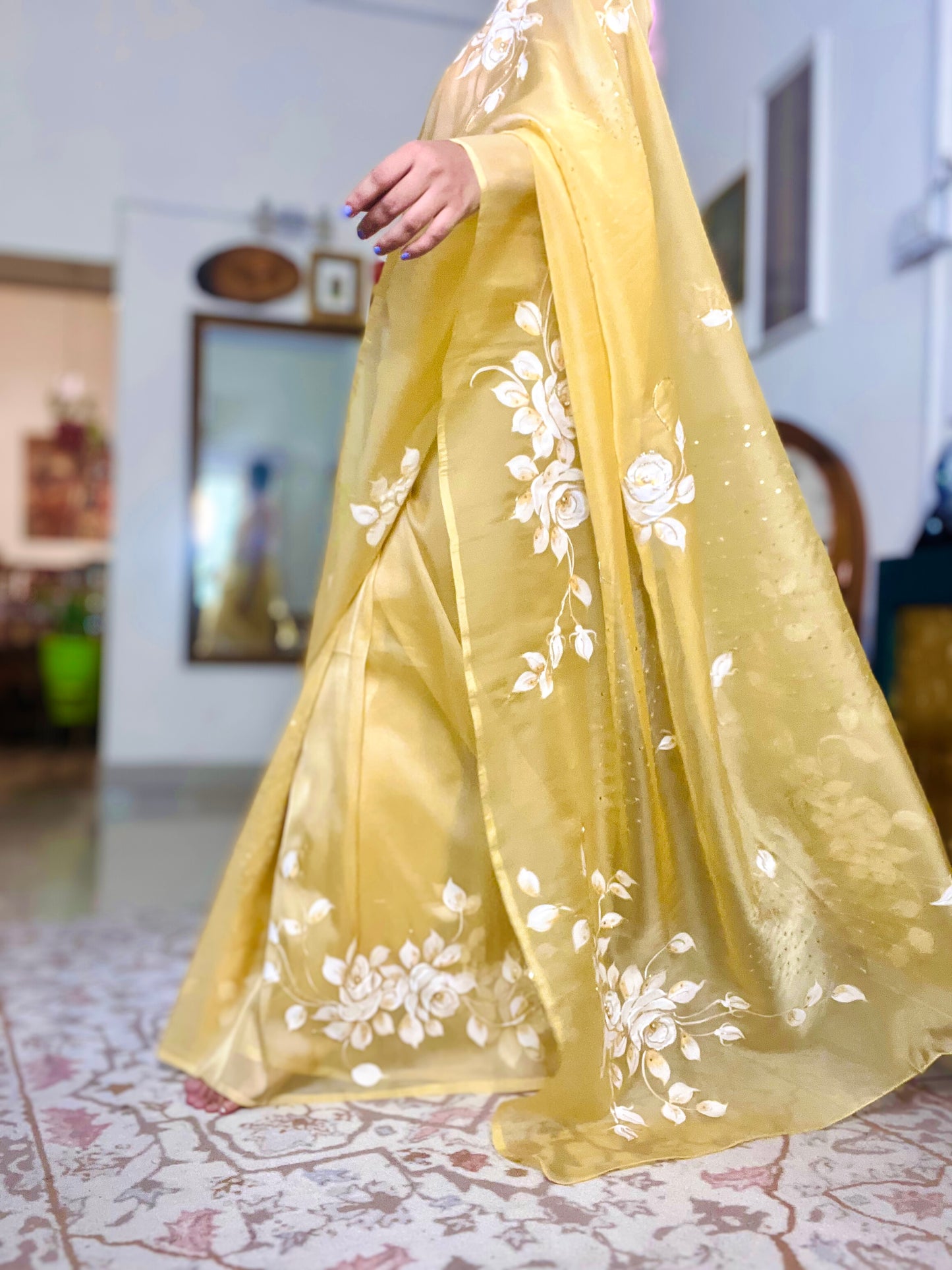 Hand-Painted White & Gold Rose Saree With Cut Dana & Sitara