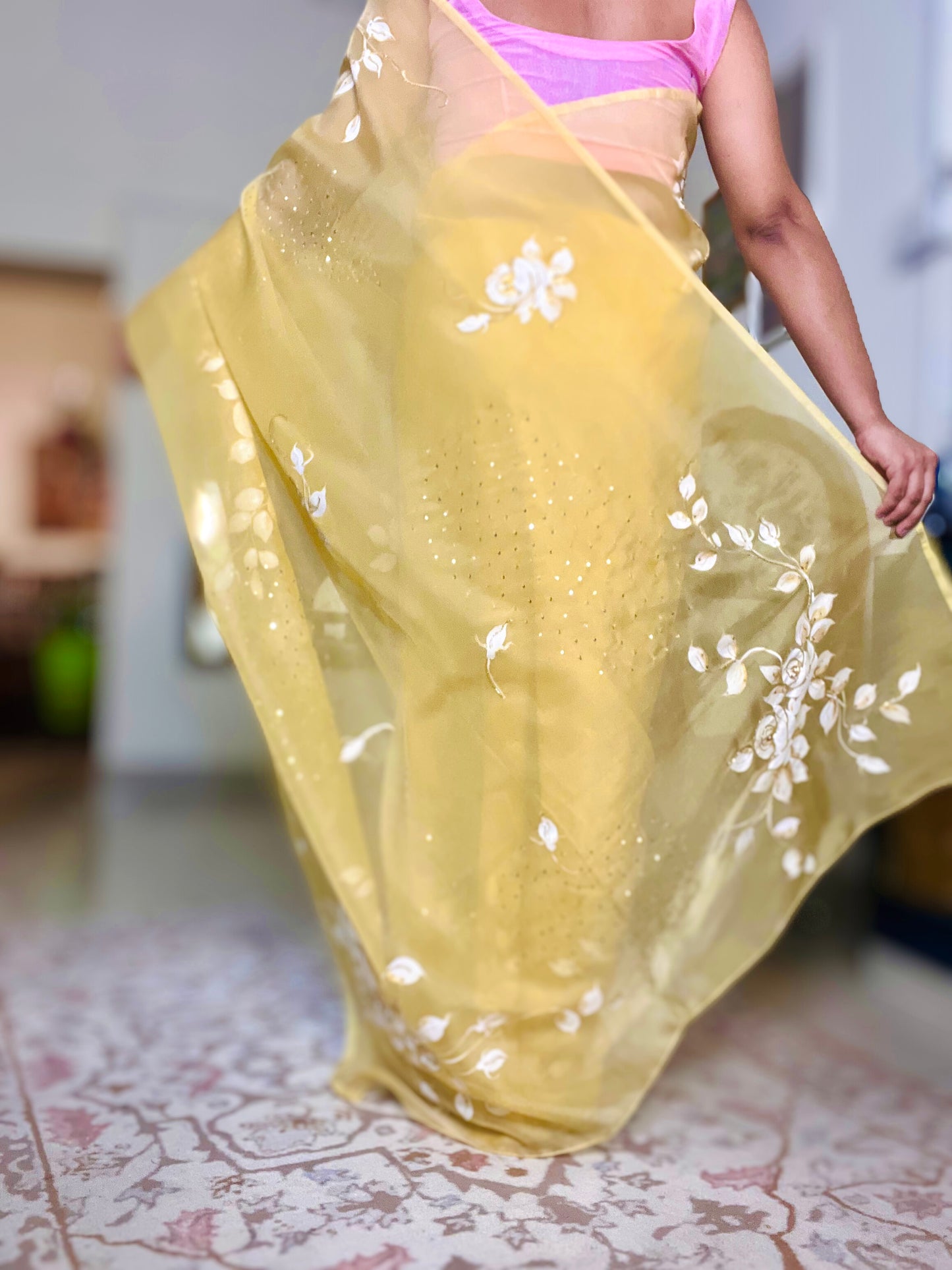 Hand-Painted White & Gold Rose Saree With Cut Dana & Sitara