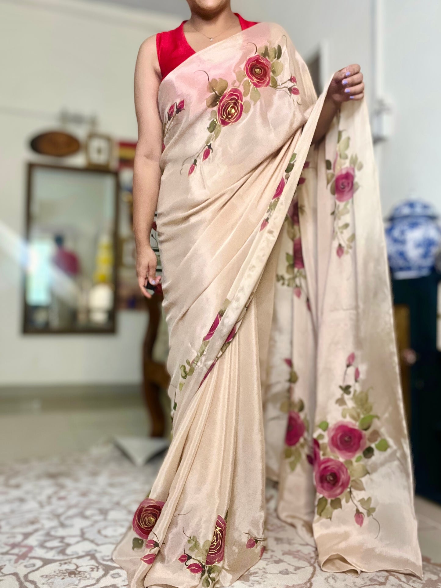 Rosé Fleur Hand-Painted Saree