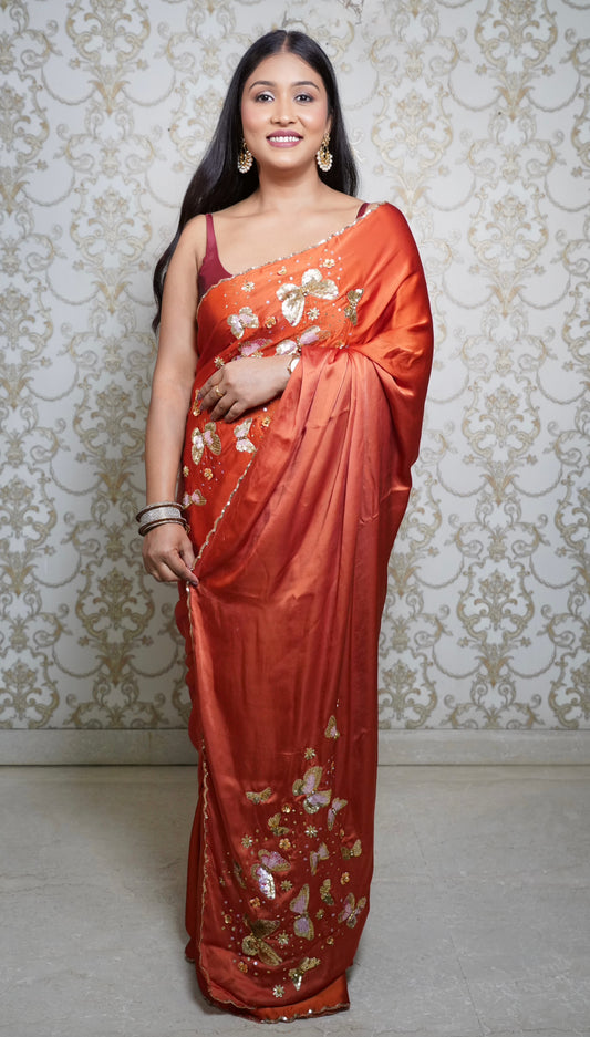 Signature Hand-Embroidered Flight of Magic Butterfly Saree in Rust Orange Satin Silk