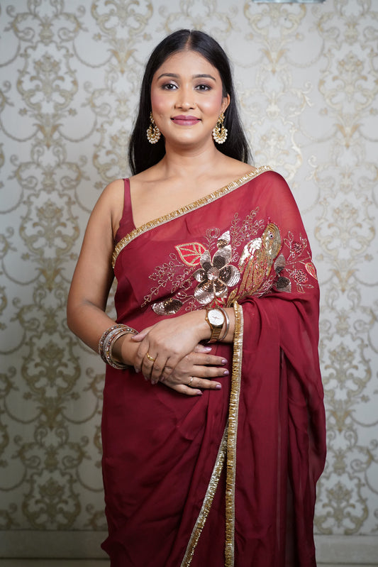 Signature Hand-Embroidered Birds & Blooms Saree in Maroon Organza Silk With Gota Border