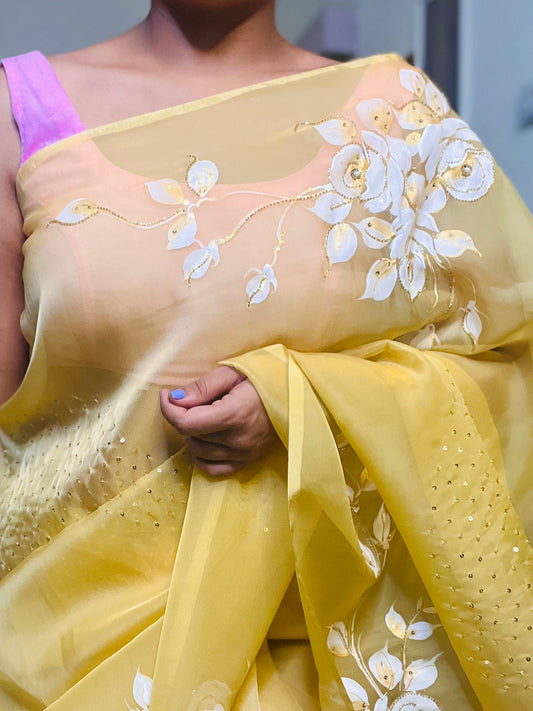 Hand-Painted White & Gold Rose Saree With Cut Dana & Sitara