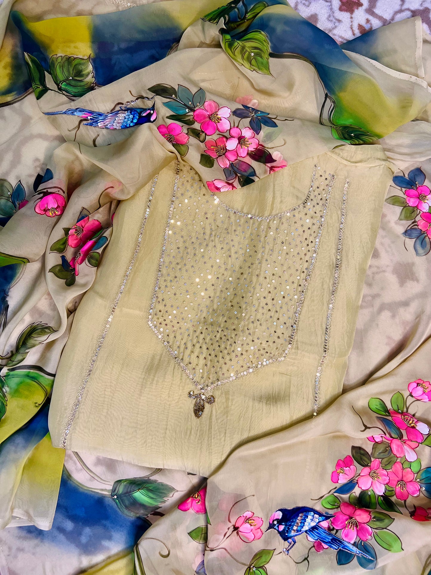 Pista Green Hand Embroidered Organza Suit With Hand-painted Dupatta