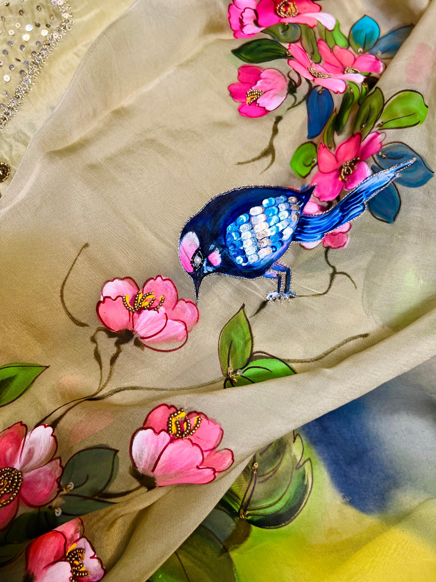 Pista Green Hand Embroidered Organza Suit With Hand-painted Dupatta