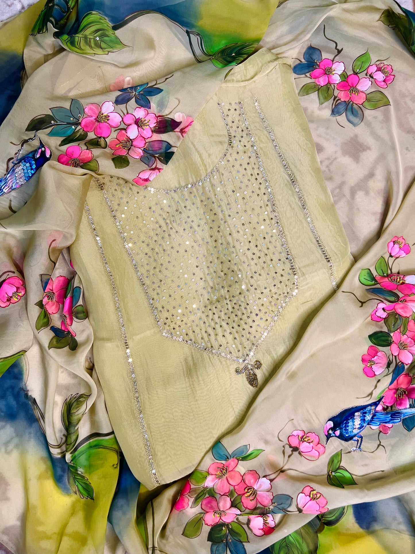 Pista Green Hand Embroidered Organza Suit With Hand-painted Dupatta