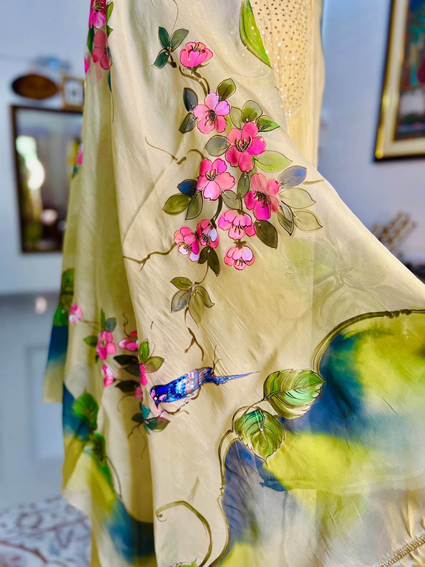 Pista Green Hand Embroidered Organza Suit With Hand-painted Dupatta