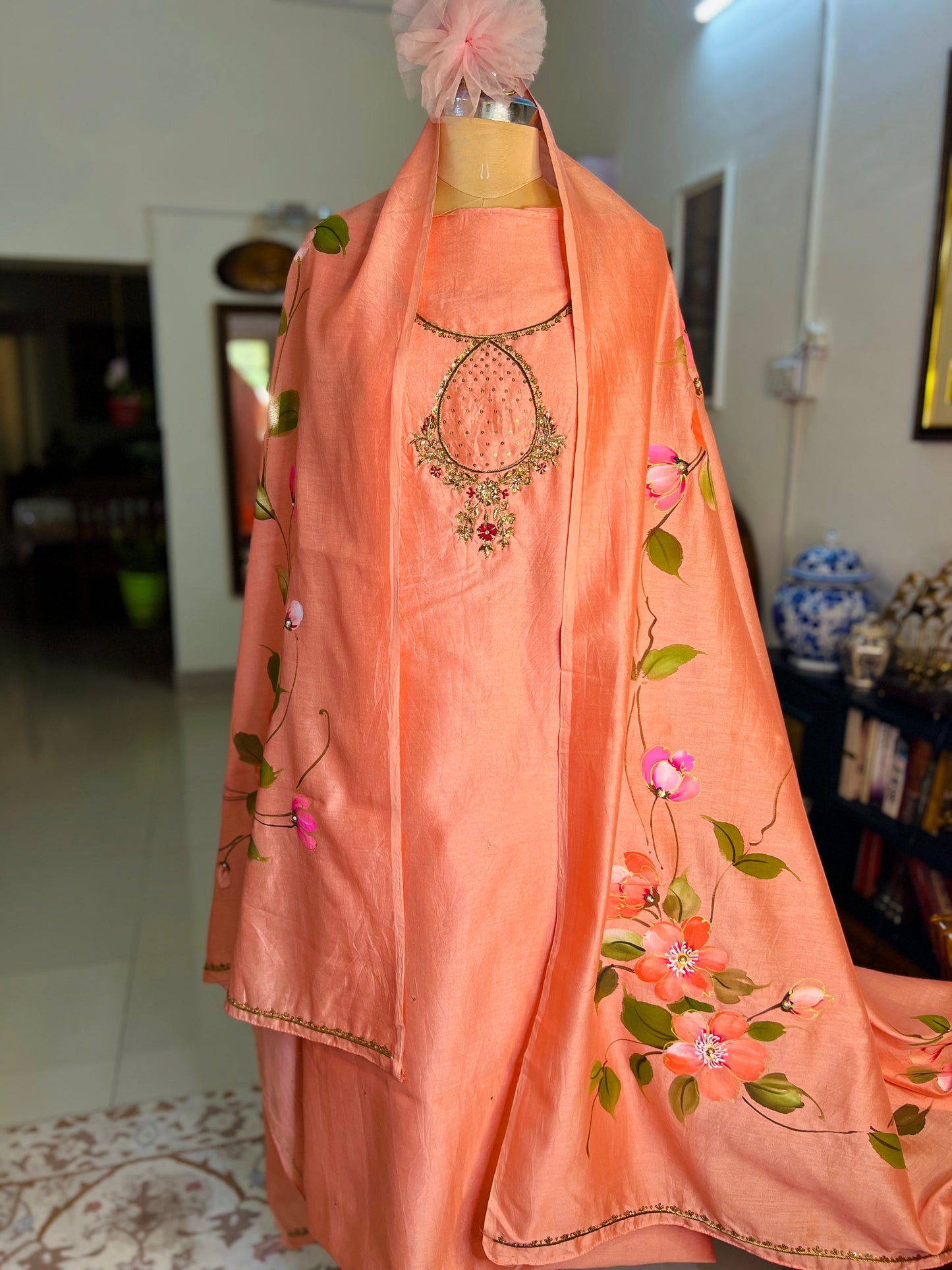 Peach Hand Embroidered Chanderi Suit With Hand-painted Dupatta