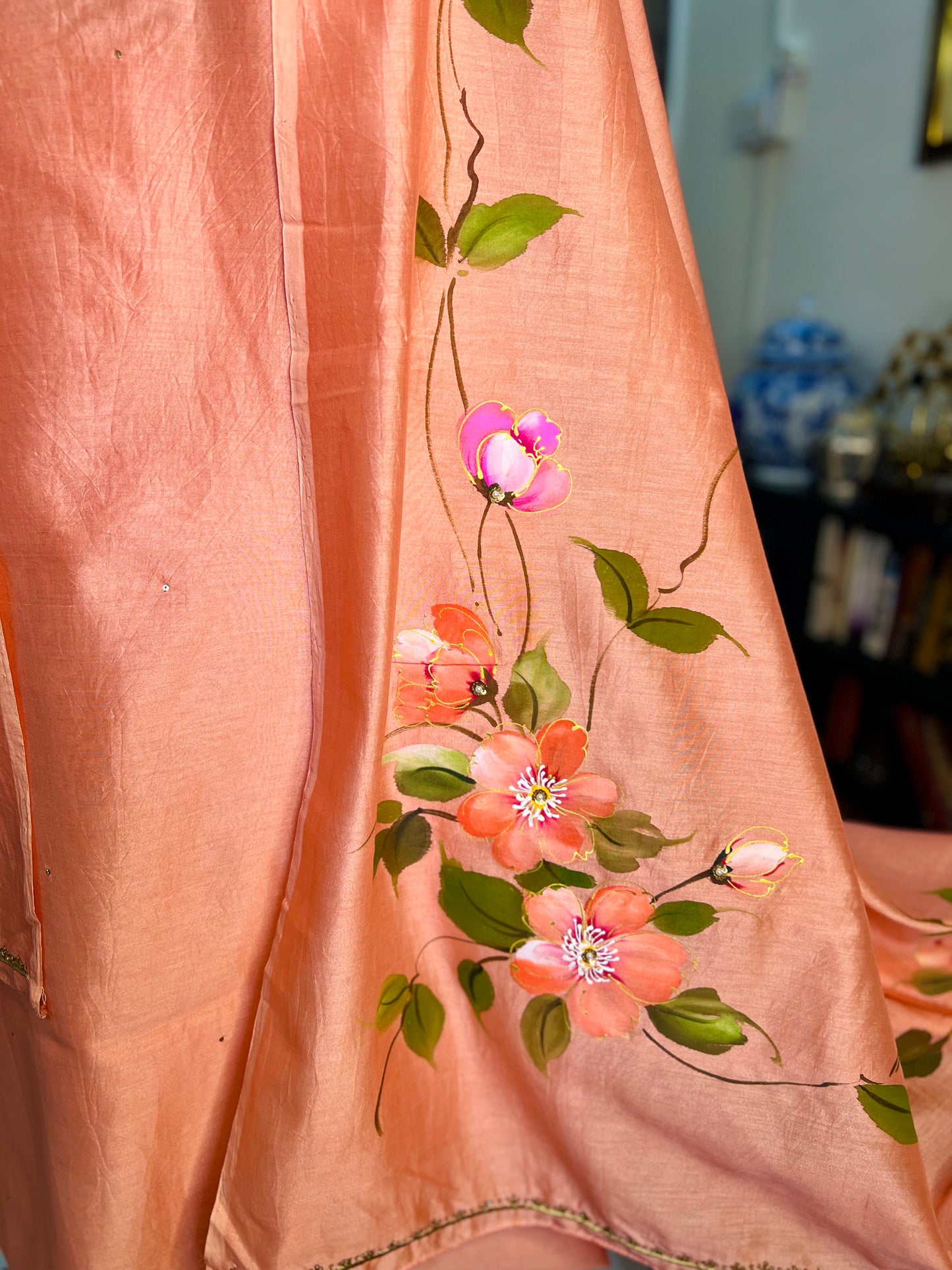 Peach Hand Embroidered Chanderi Suit With Hand-painted Dupatta