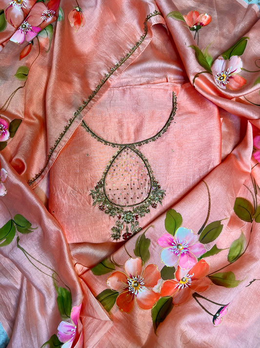 Peach Hand Embroidered Chanderi Suit With Hand-painted Dupatta