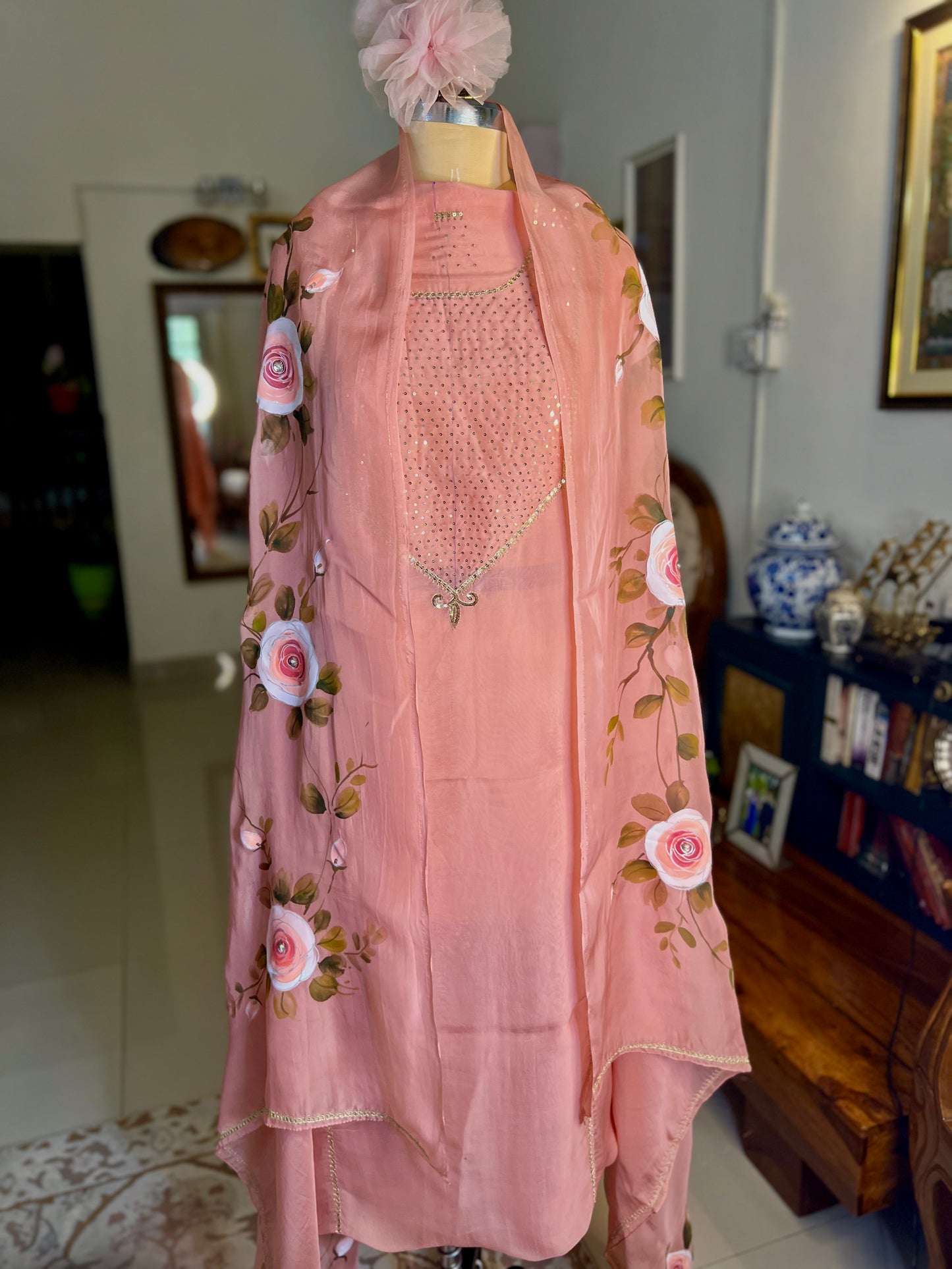 Rose Gold Hand Embroidered Organza Suit With Hand-painted Dupatta