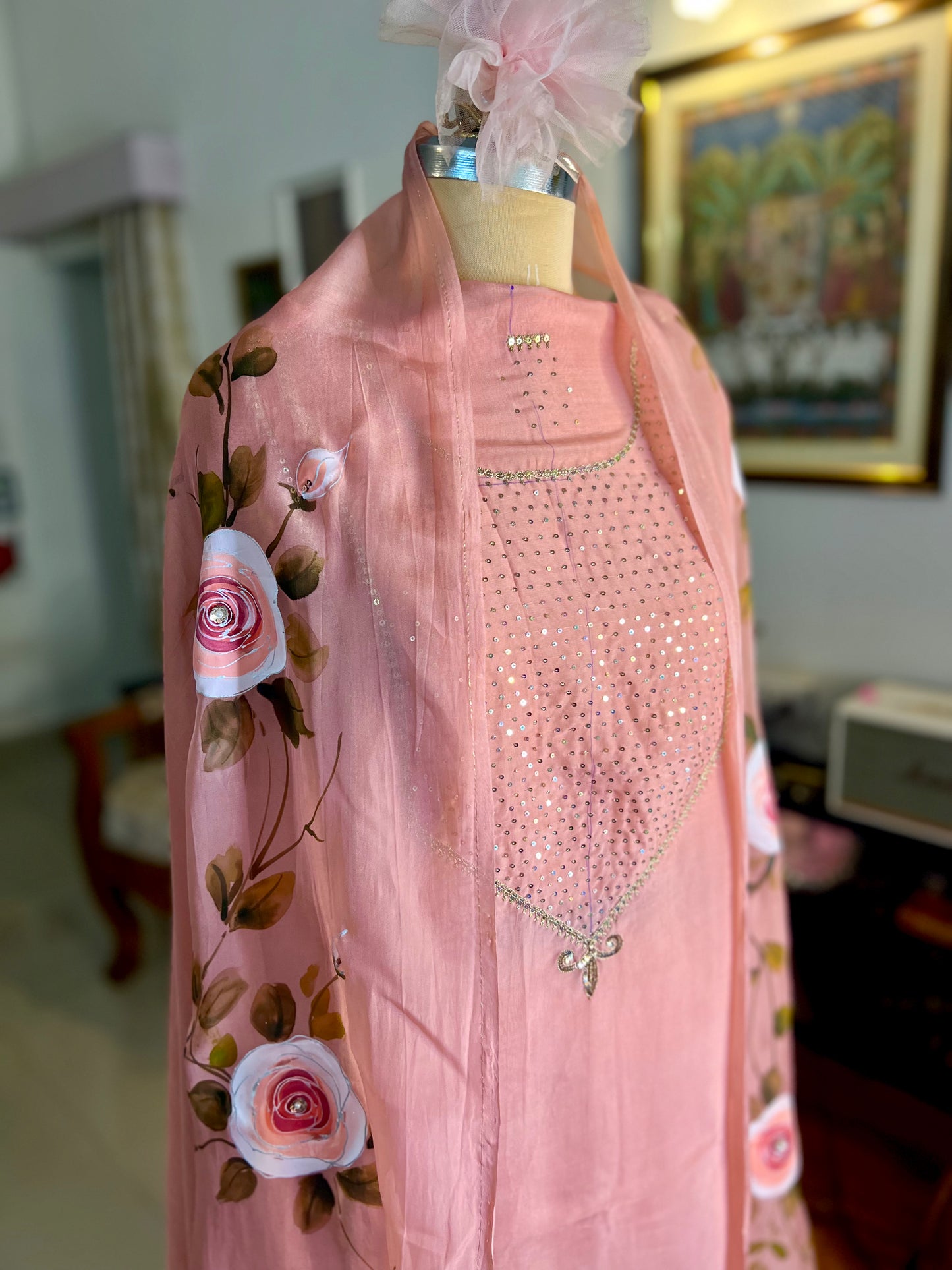 Rose Gold Hand Embroidered Organza Suit With Hand-painted Dupatta