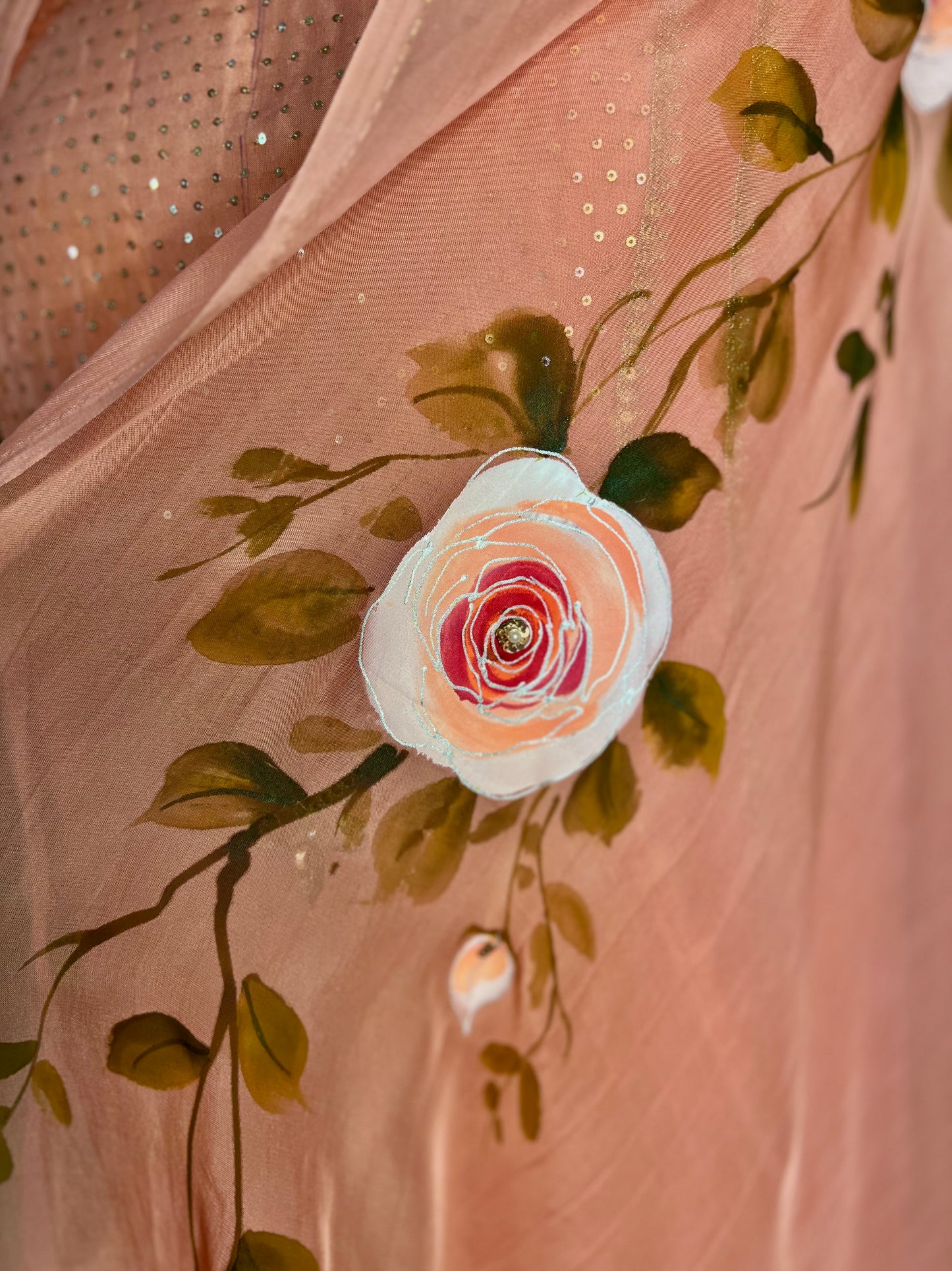 Rose Gold Hand Embroidered Organza Suit With Hand-painted Dupatta