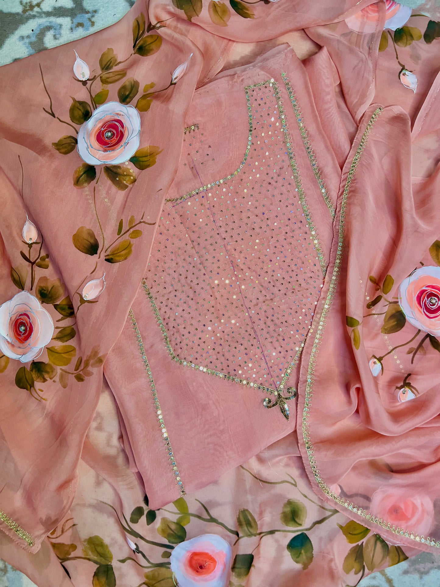 Rose Gold Hand Embroidered Organza Suit With Hand-painted Dupatta