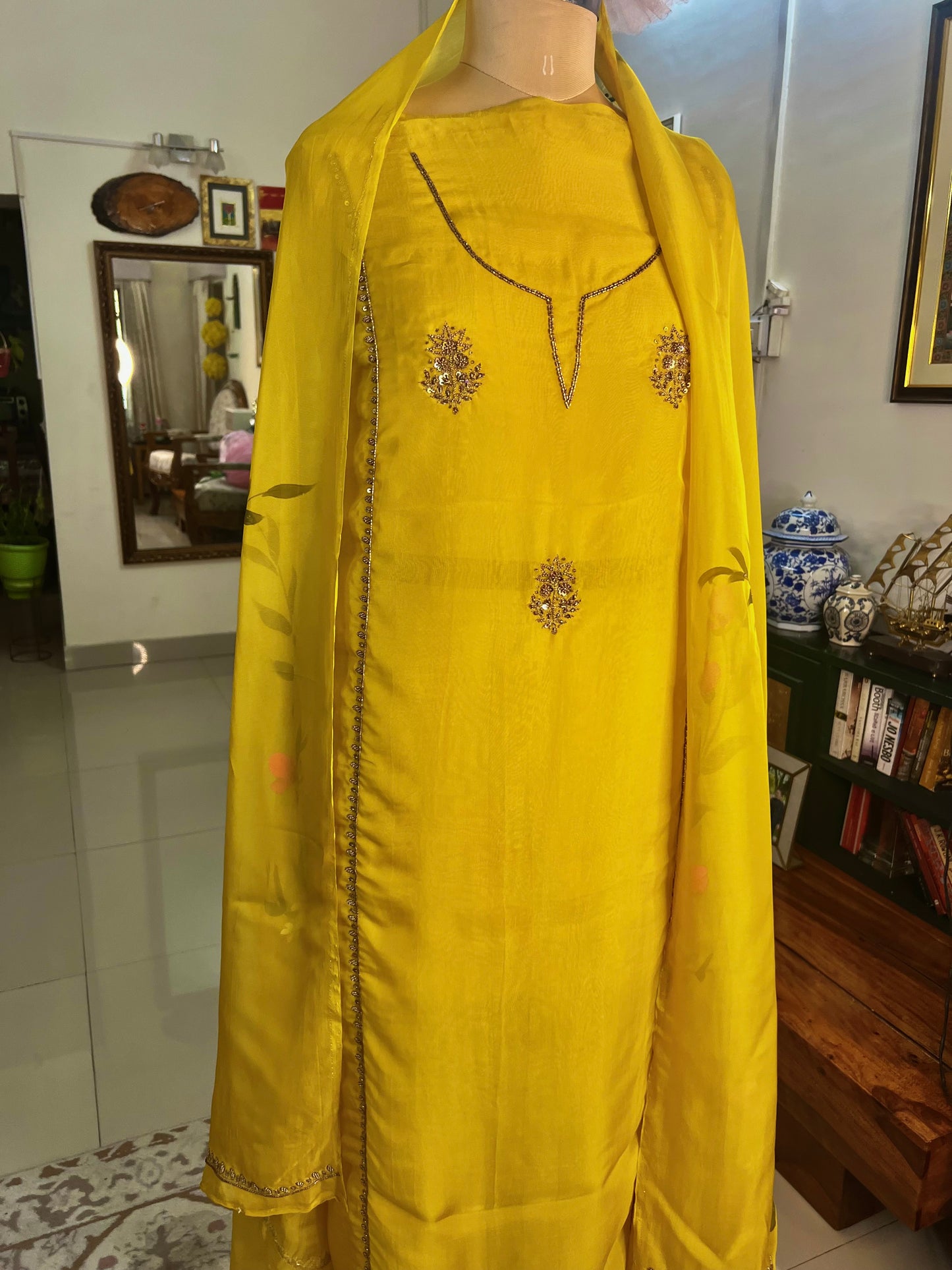 Mehendi Yellow Hand Embroidered Organza Suit With Hand-painted Dupatta