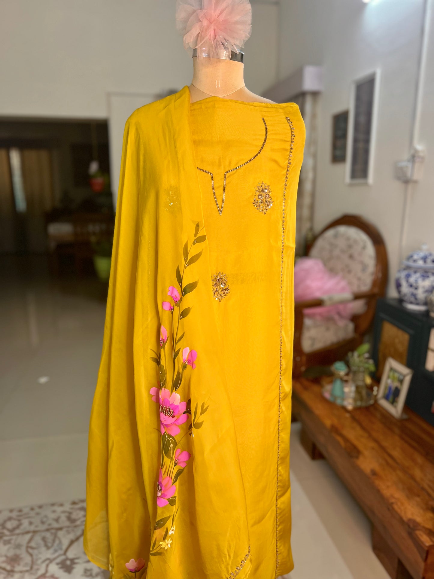 Mehendi Yellow Hand Embroidered Organza Suit With Hand-painted Dupatta
