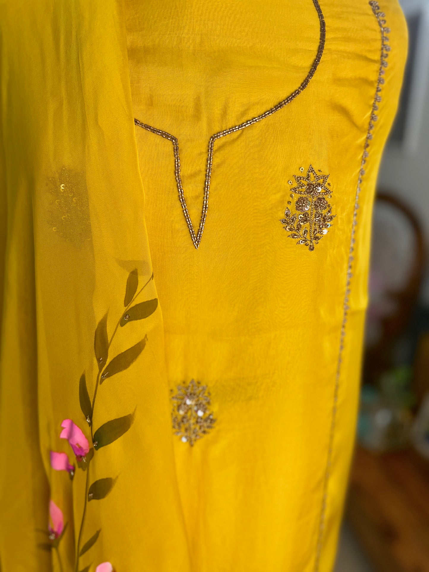 Mehendi Yellow Hand Embroidered Organza Suit With Hand-painted Dupatta