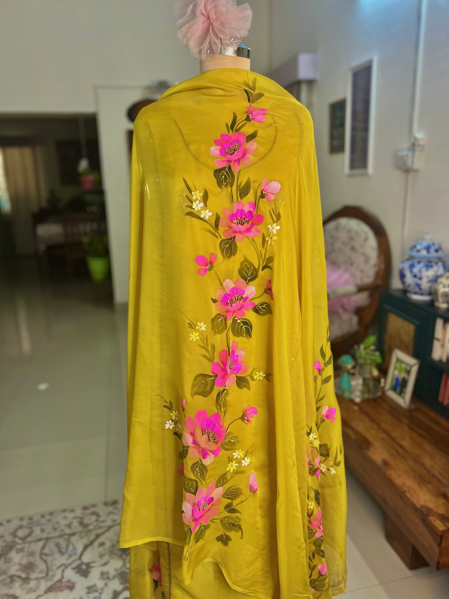 Mehendi Yellow Hand Embroidered Organza Suit With Hand-painted Dupatta