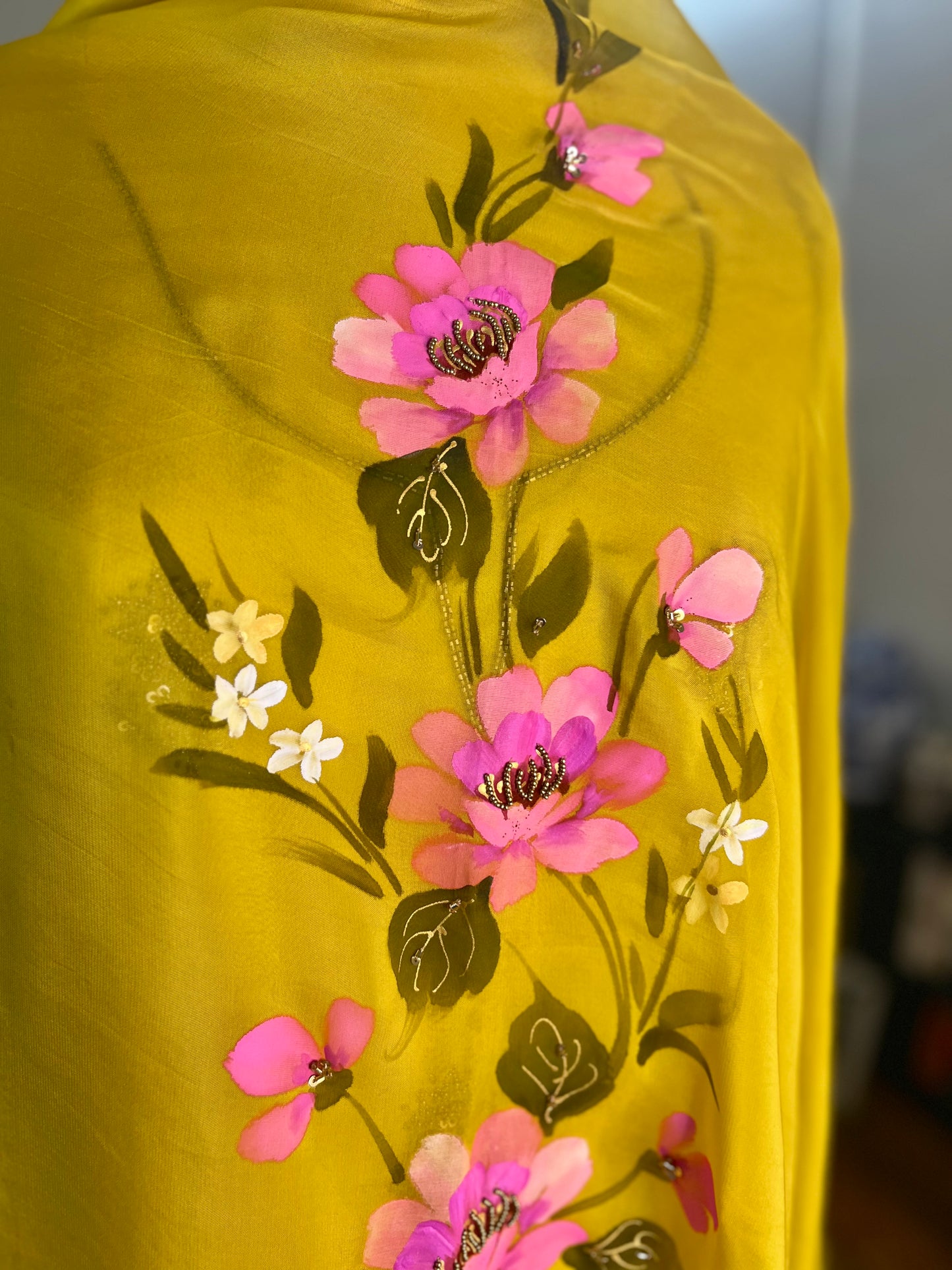 Mehendi Yellow Hand Embroidered Organza Suit With Hand-painted Dupatta