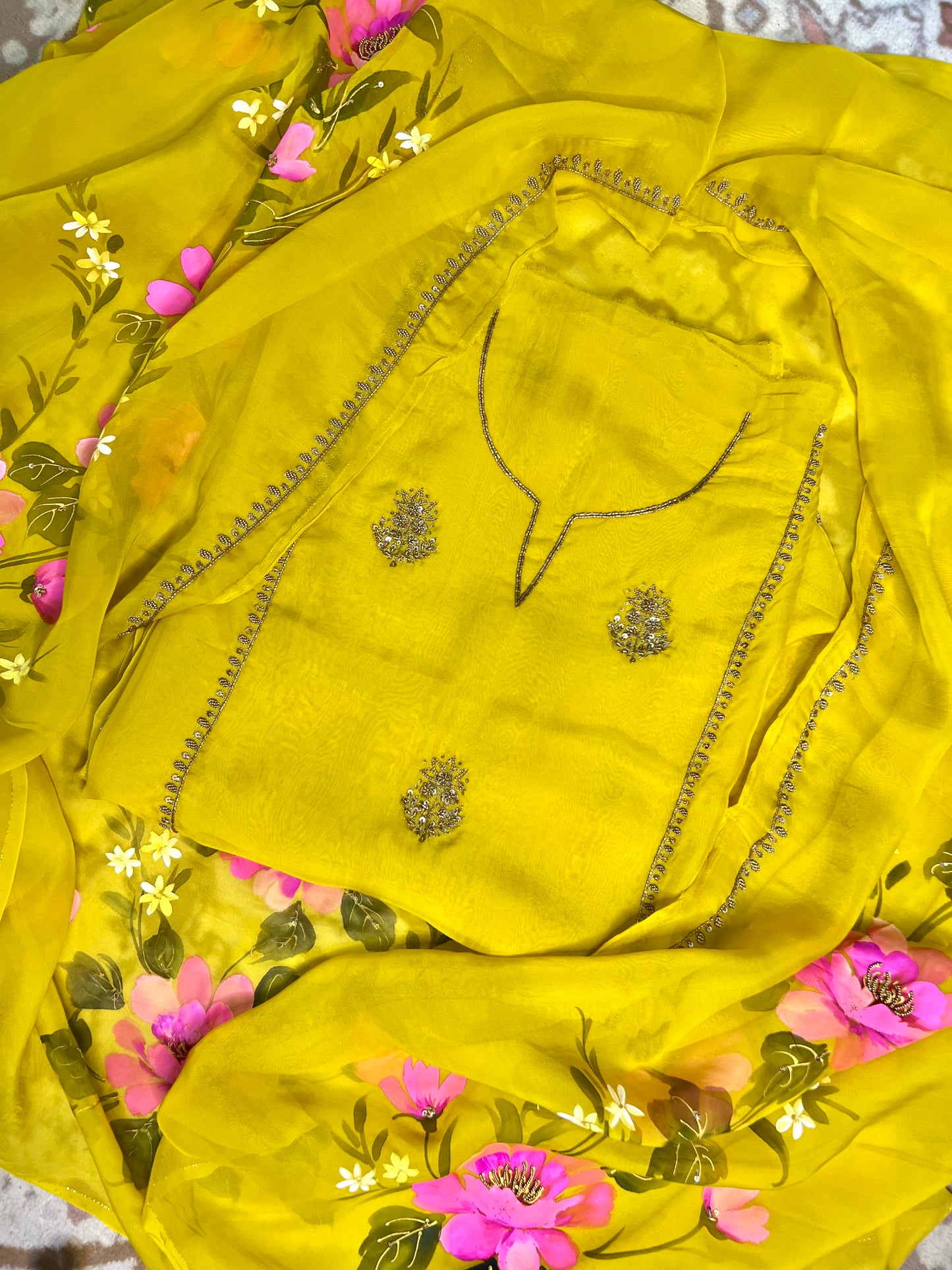 Mehendi Yellow Hand Embroidered Organza Suit With Hand-painted Dupatta