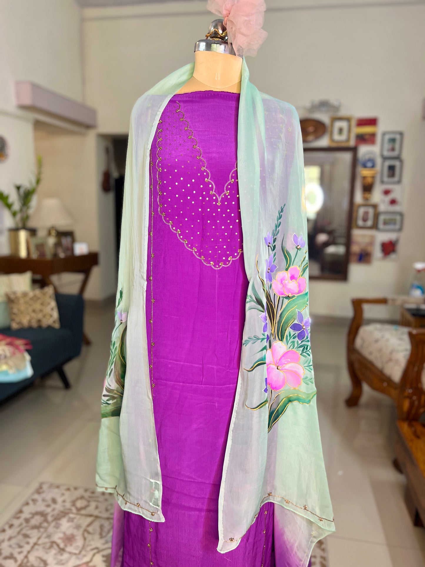 Purple Hand Embroidered Crepe Silk Suit With Hand-painted Dupatta