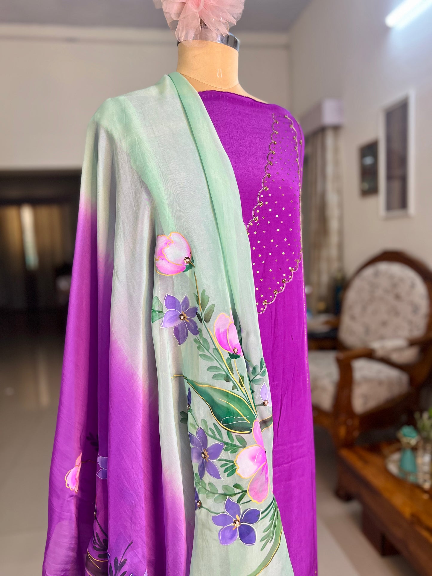 Purple Hand Embroidered Crepe Silk Suit With Hand-painted Dupatta