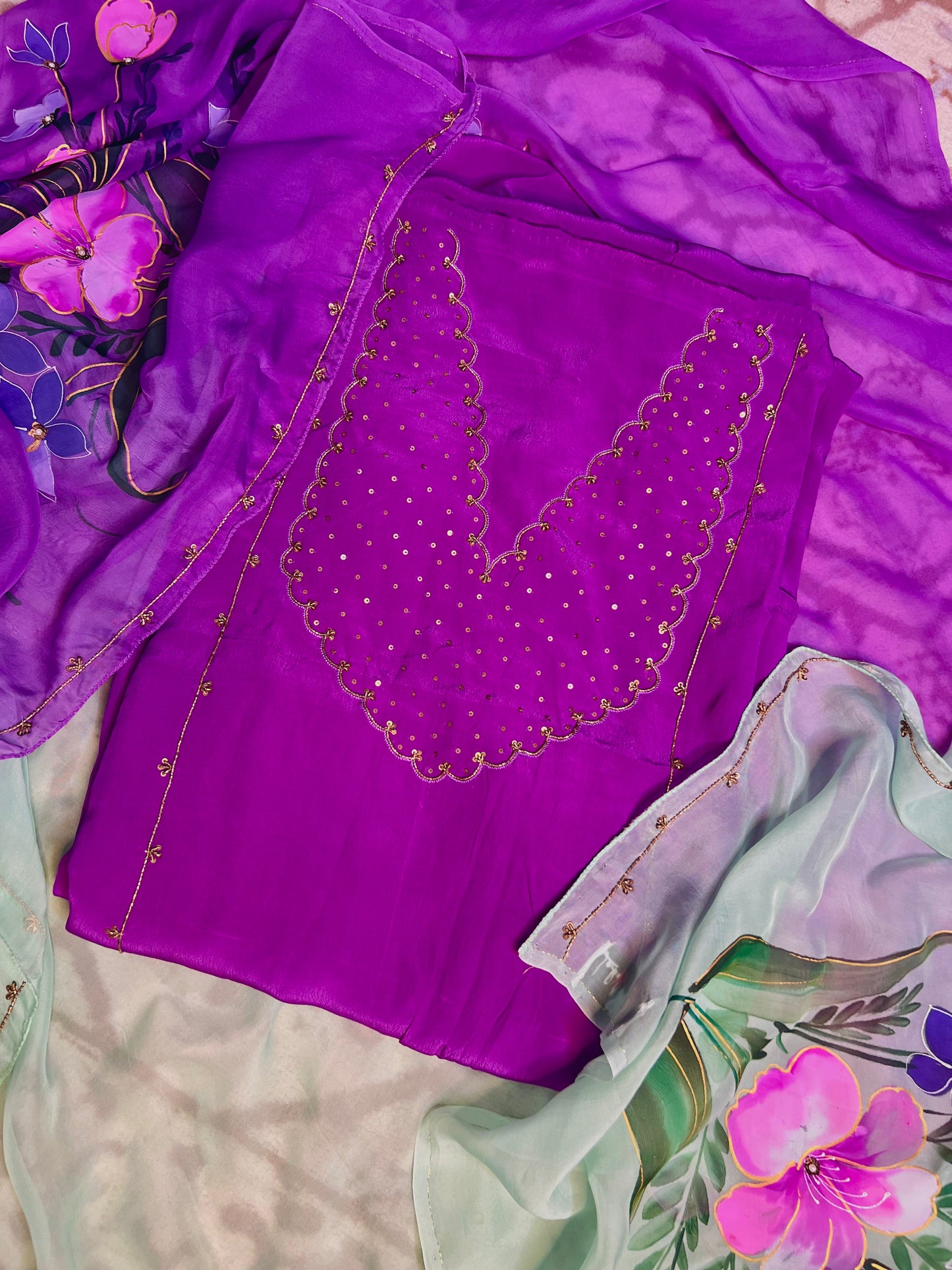 Purple Hand Embroidered Crepe Silk Suit With Hand-painted Dupatta