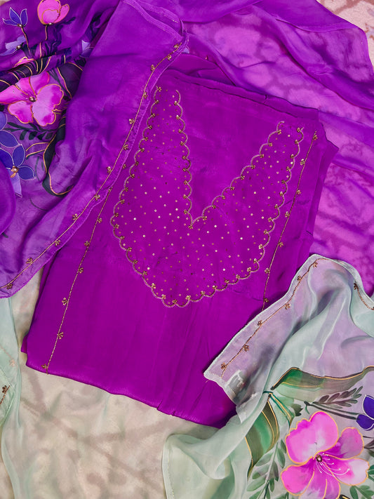 Purple Hand Embroidered Crepe Silk Suit With Hand-painted Dupatta