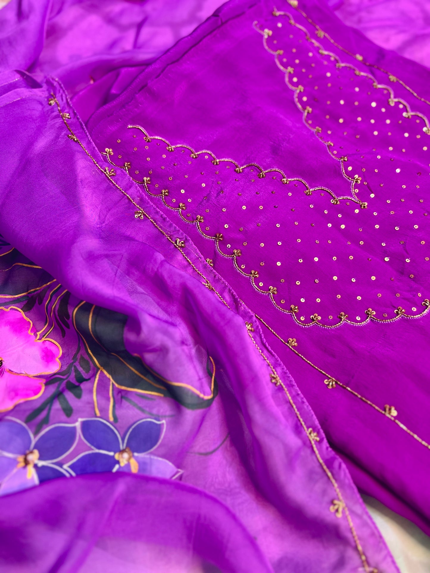 Purple Hand Embroidered Crepe Silk Suit With Hand-painted Dupatta