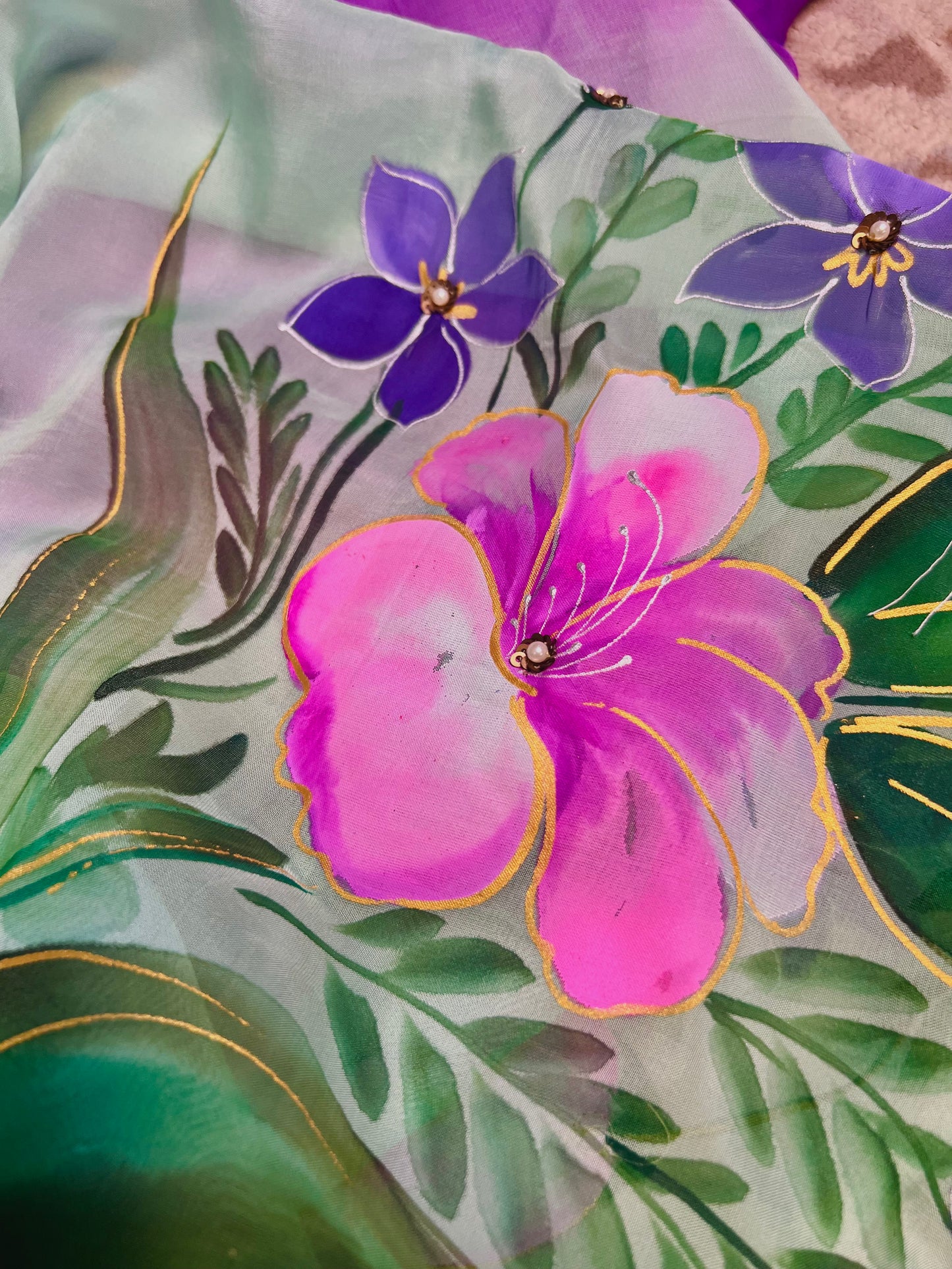 Purple Hand Embroidered Crepe Silk Suit With Hand-painted Dupatta