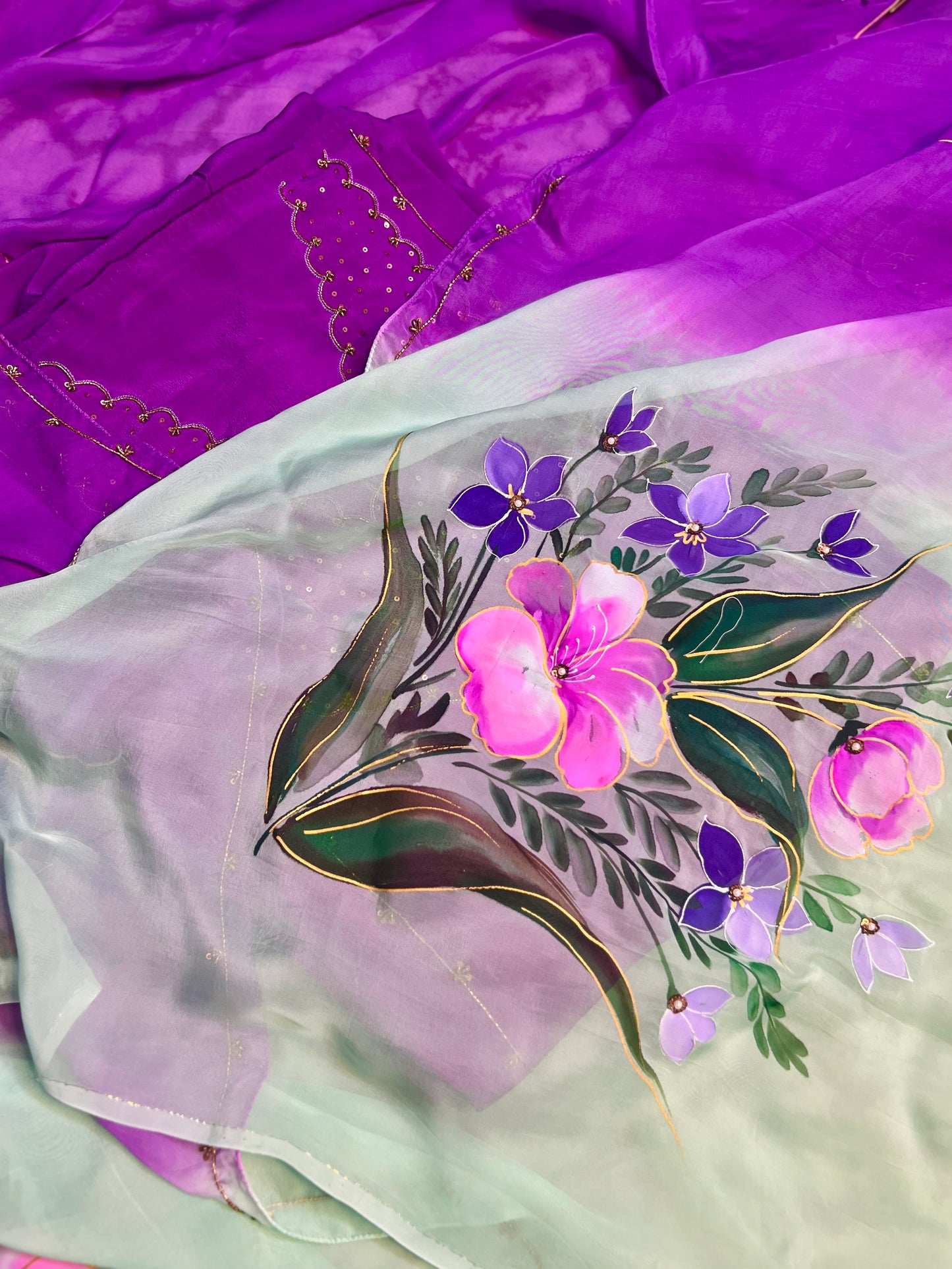 Purple Hand Embroidered Crepe Silk Suit With Hand-painted Dupatta