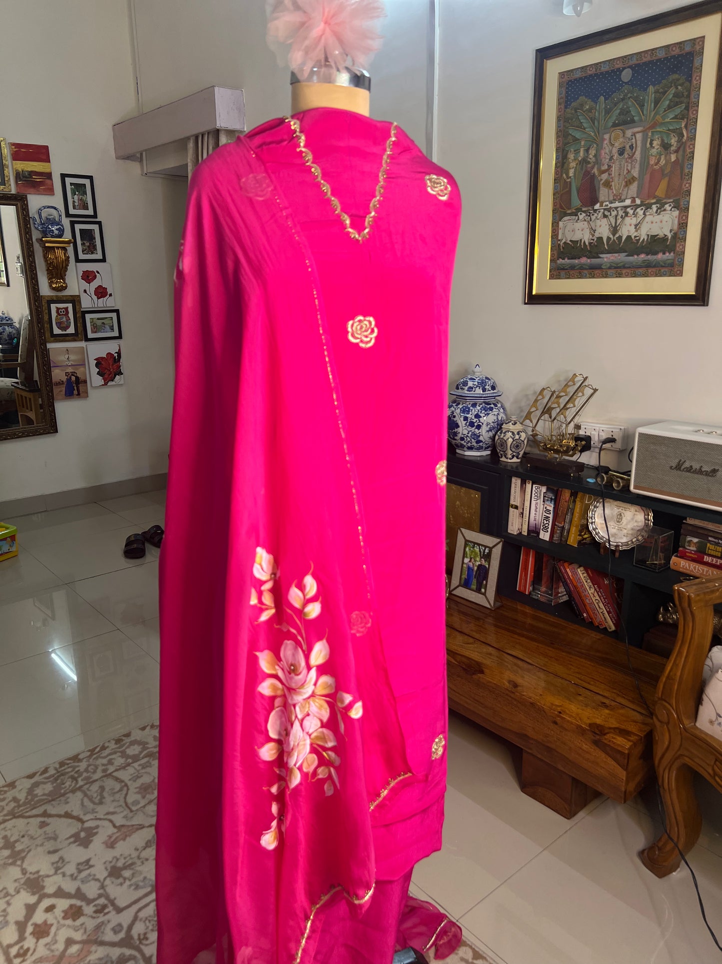 Pink Hand Embroidered Crepe Silk Suit With Hand-painted Dupatta