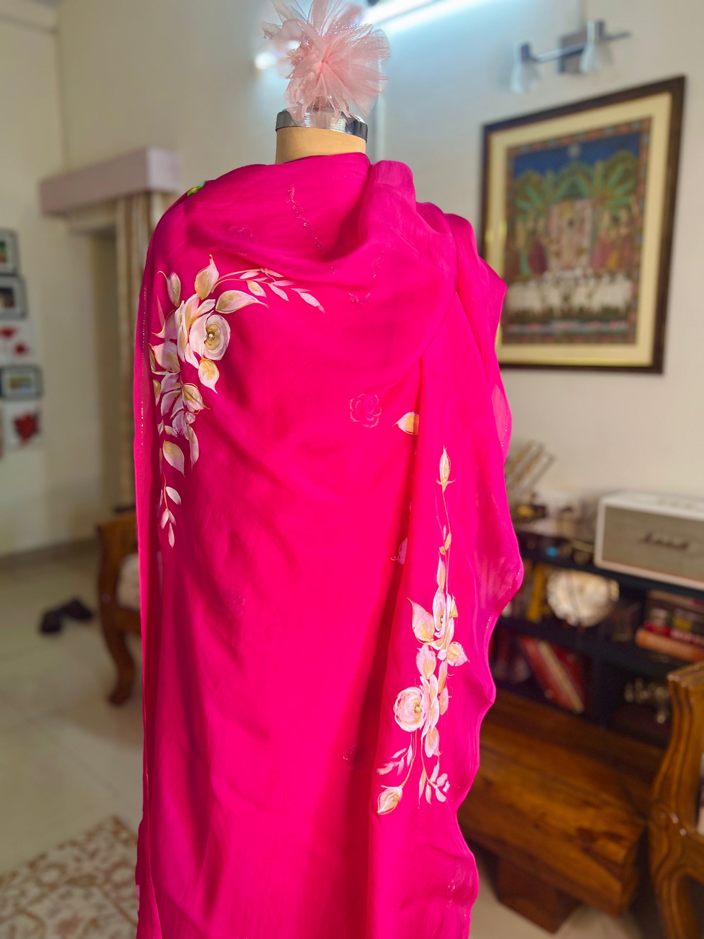 Pink Hand Embroidered Crepe Silk Suit With Hand-painted Dupatta