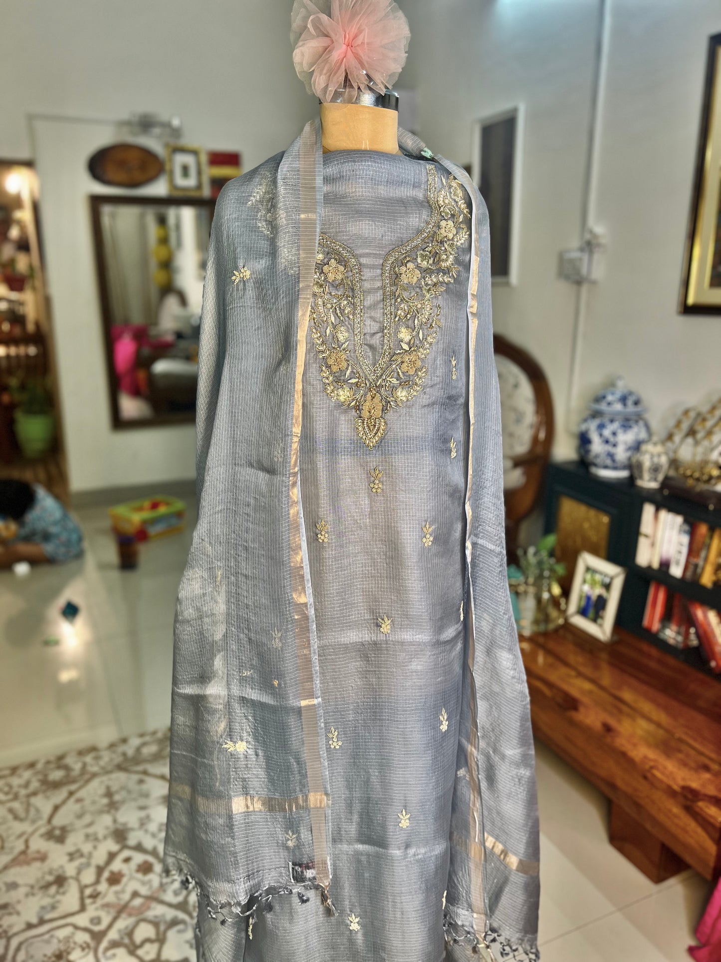 Jewel Grey Hand embroidered Kota Silk Suit With Hand-painted Dupatta