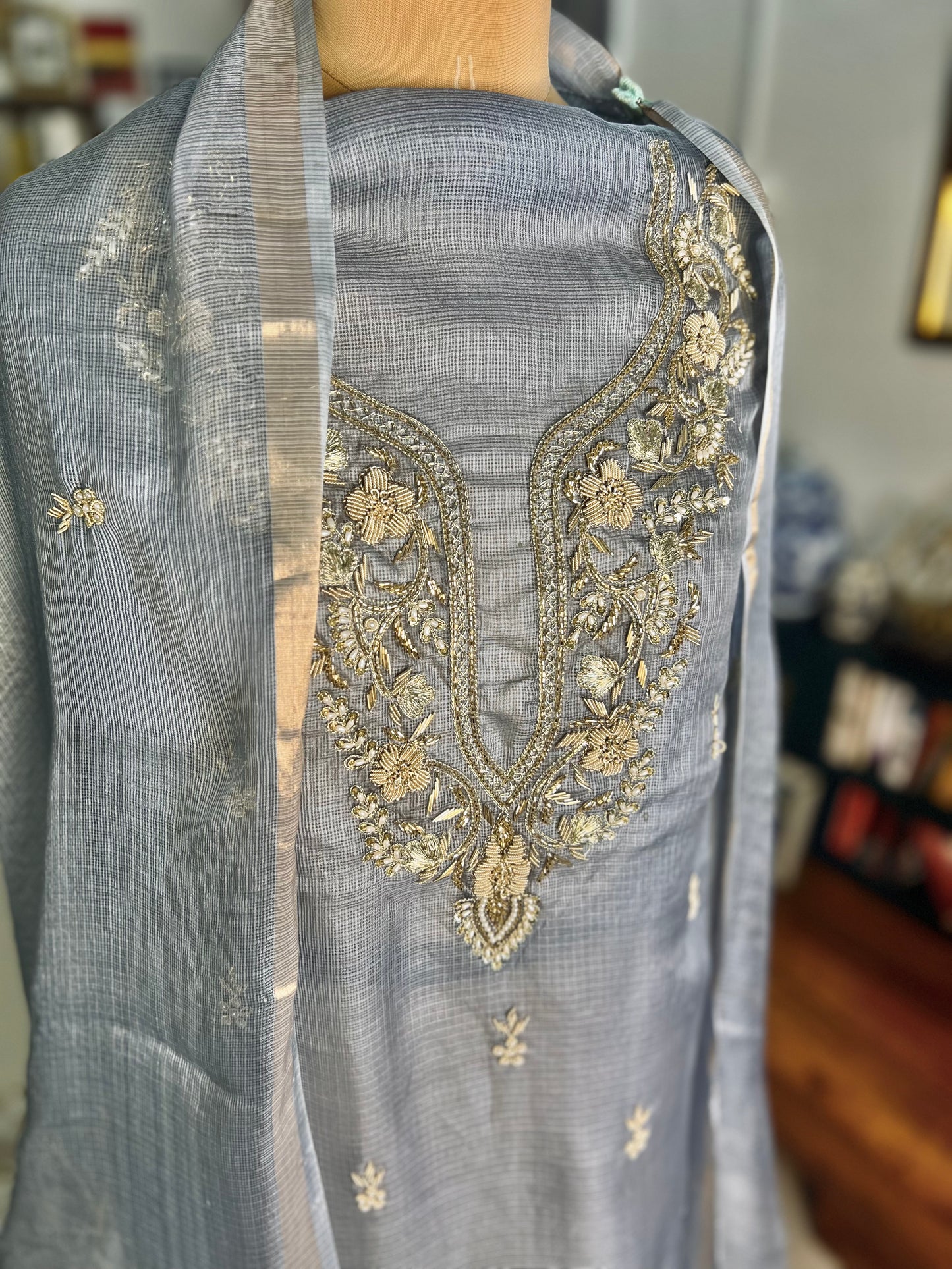 Jewel Grey Hand embroidered Kota Silk Suit With Hand-painted Dupatta